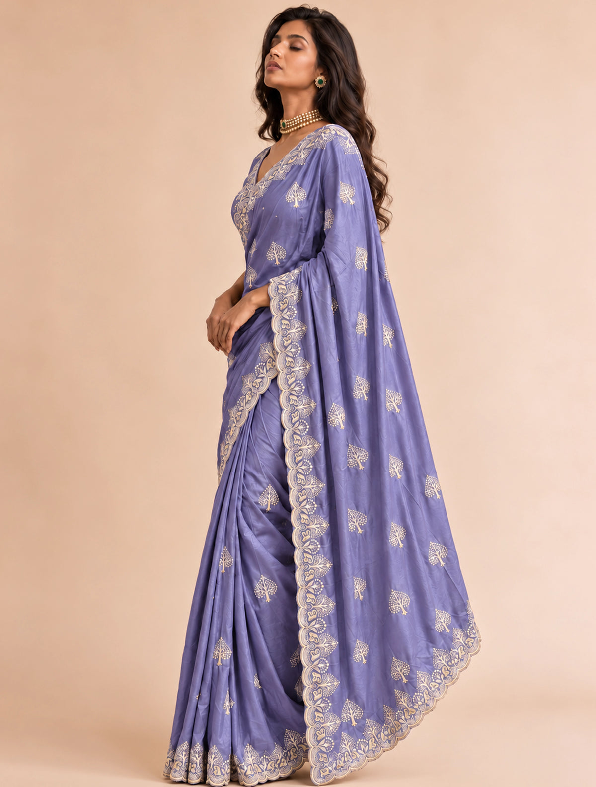 trueBrowns Purple Paan Embroidered Silk Blend Saree With Unstitched Blouse