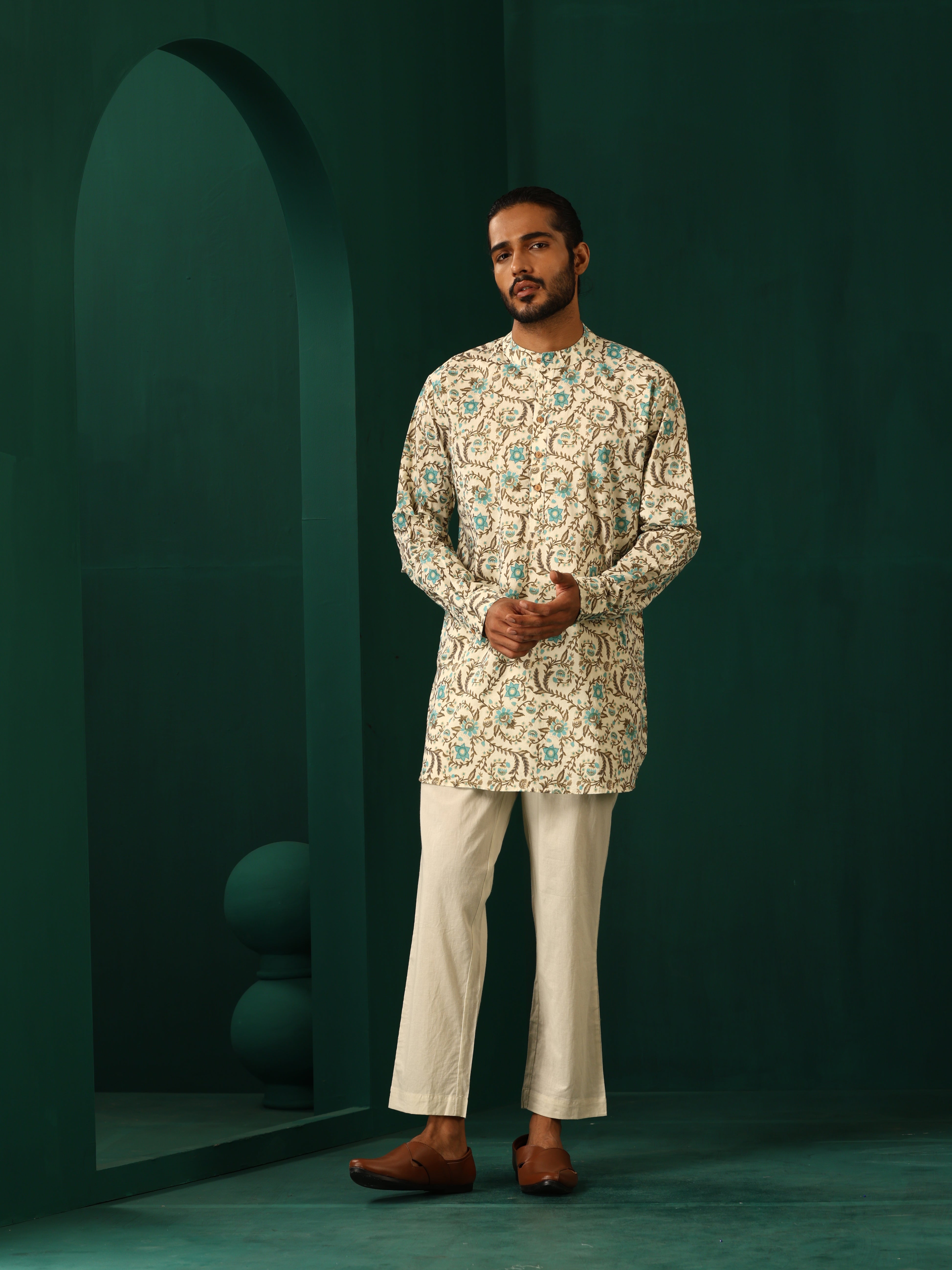 trueBrowns Men Teal Floral Cotton Printed Co-ord Set