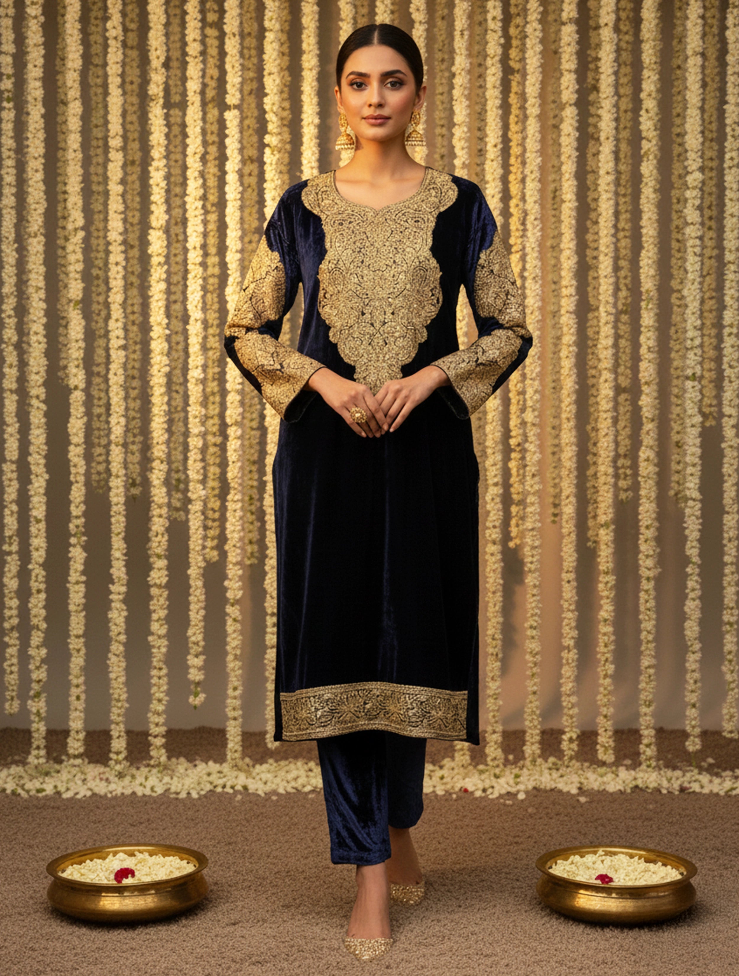 trueBrowns Navy Velvet Embroidered Chogha Pants Dupatta Set