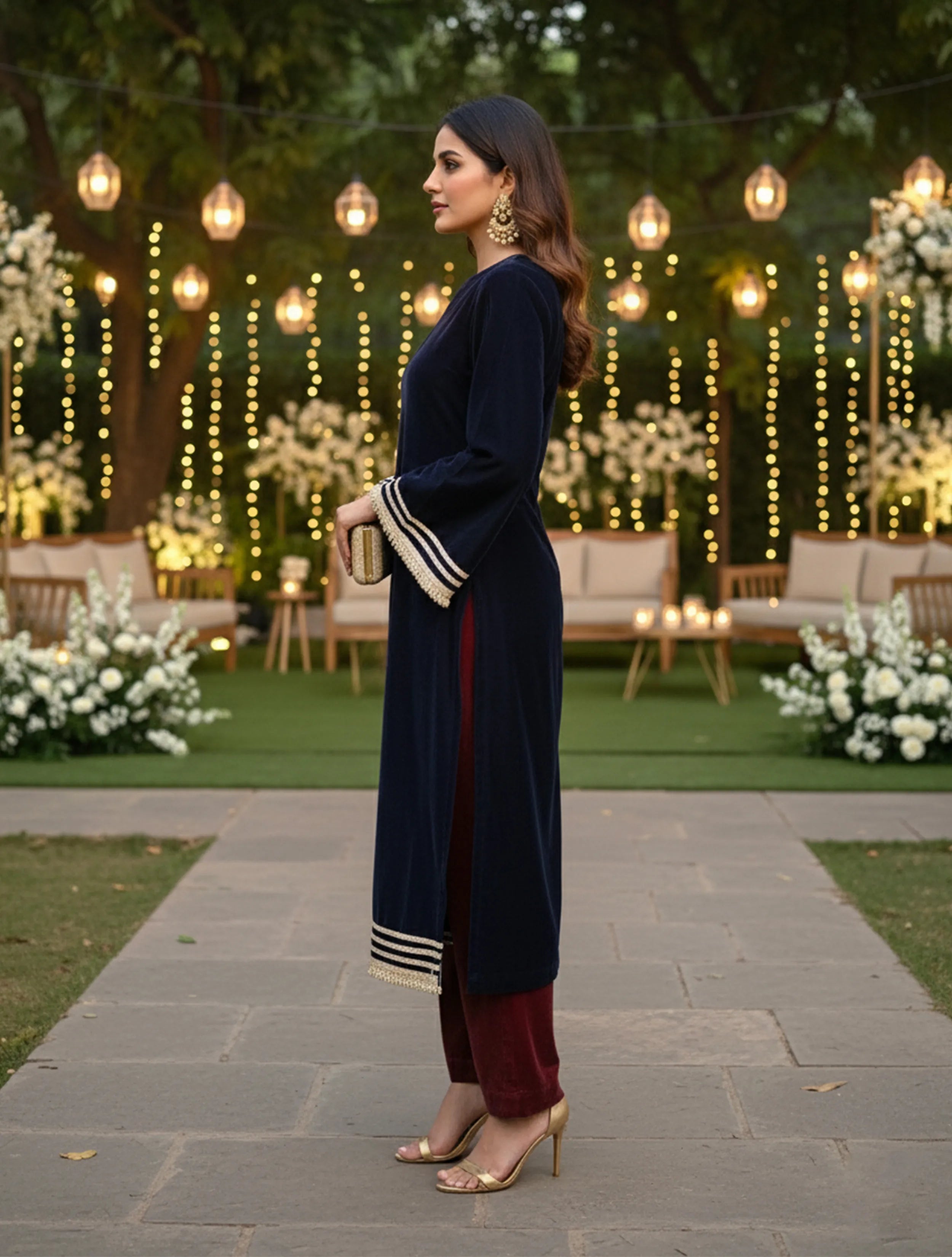 trueBrowns Navy High Slit Velvet Kurta