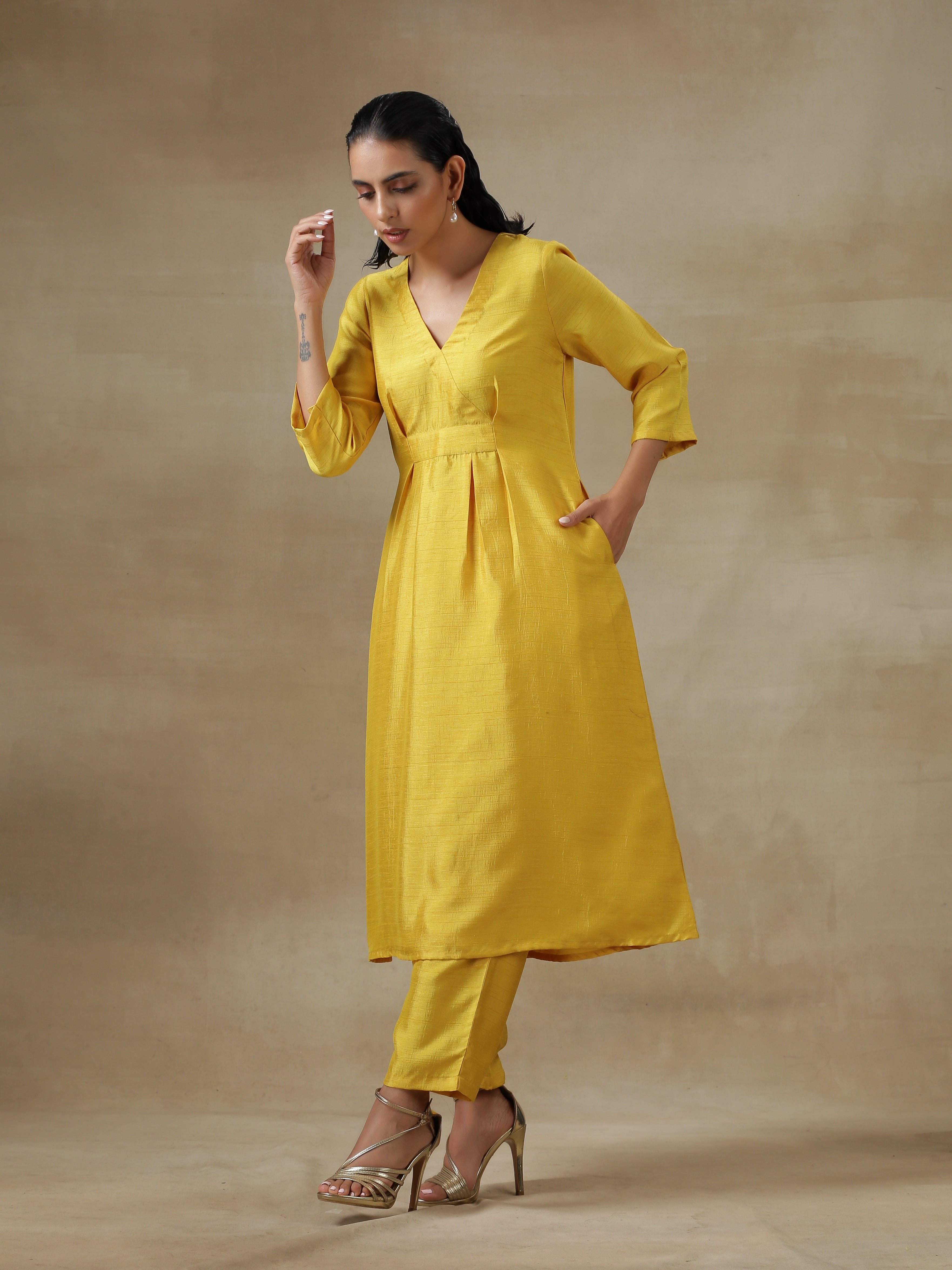Yellow Textured Silk Overlap Pleat Kurta Pant Set