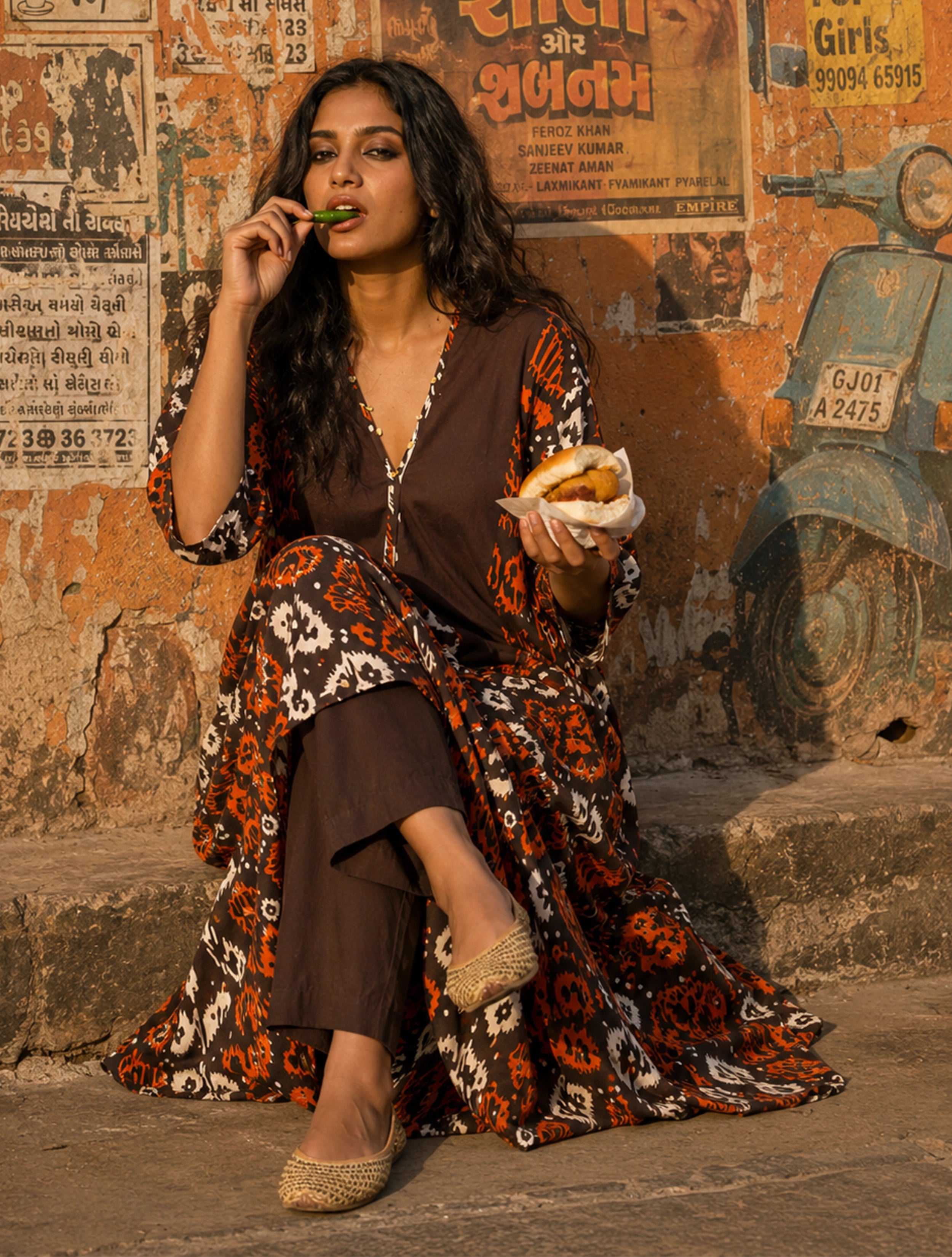 trueBrowns Cola Orange Ikat Print Cotton Kaftan Kurta Set