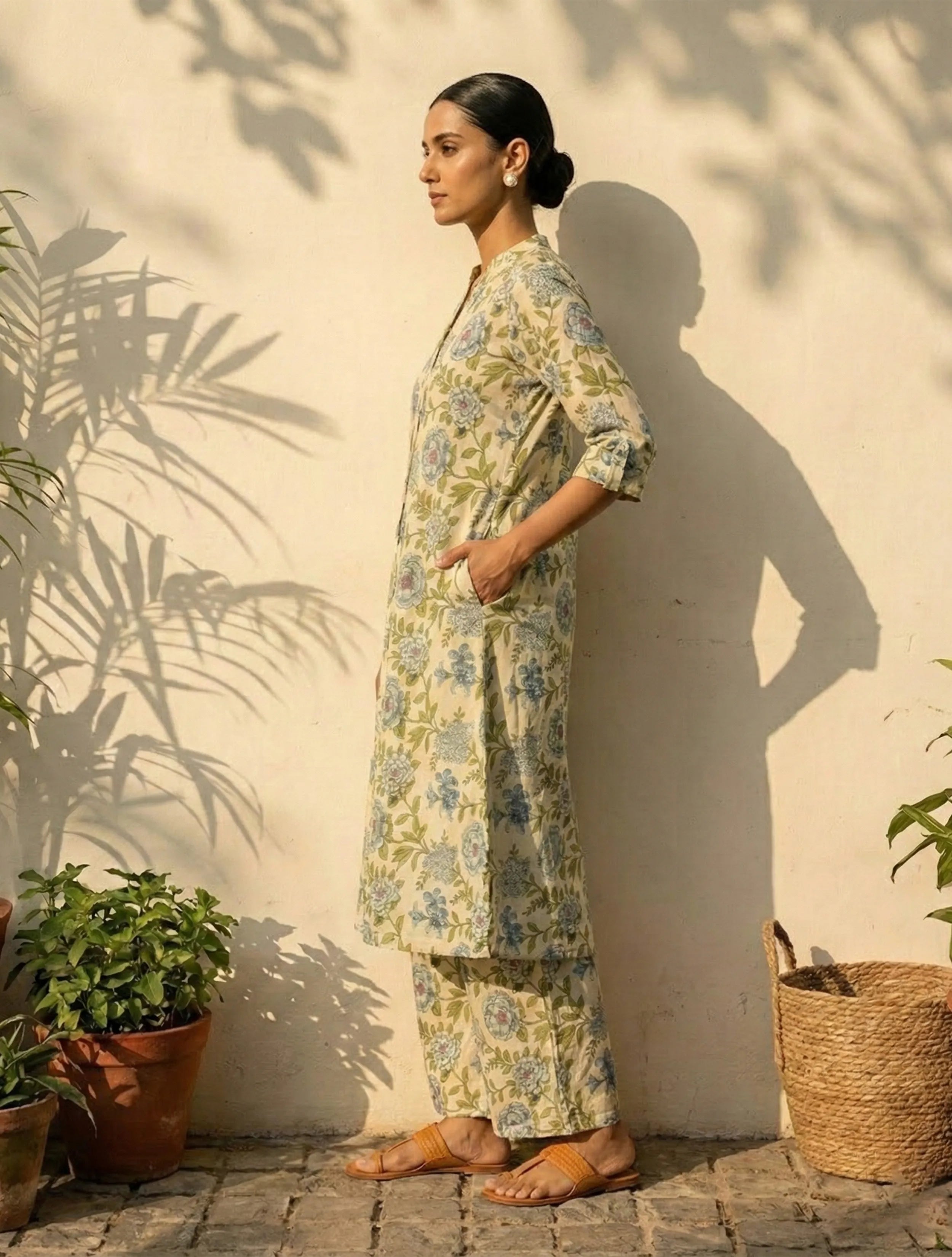 trueBrowns Ivory Floral Print A-line Kurta Pant Set