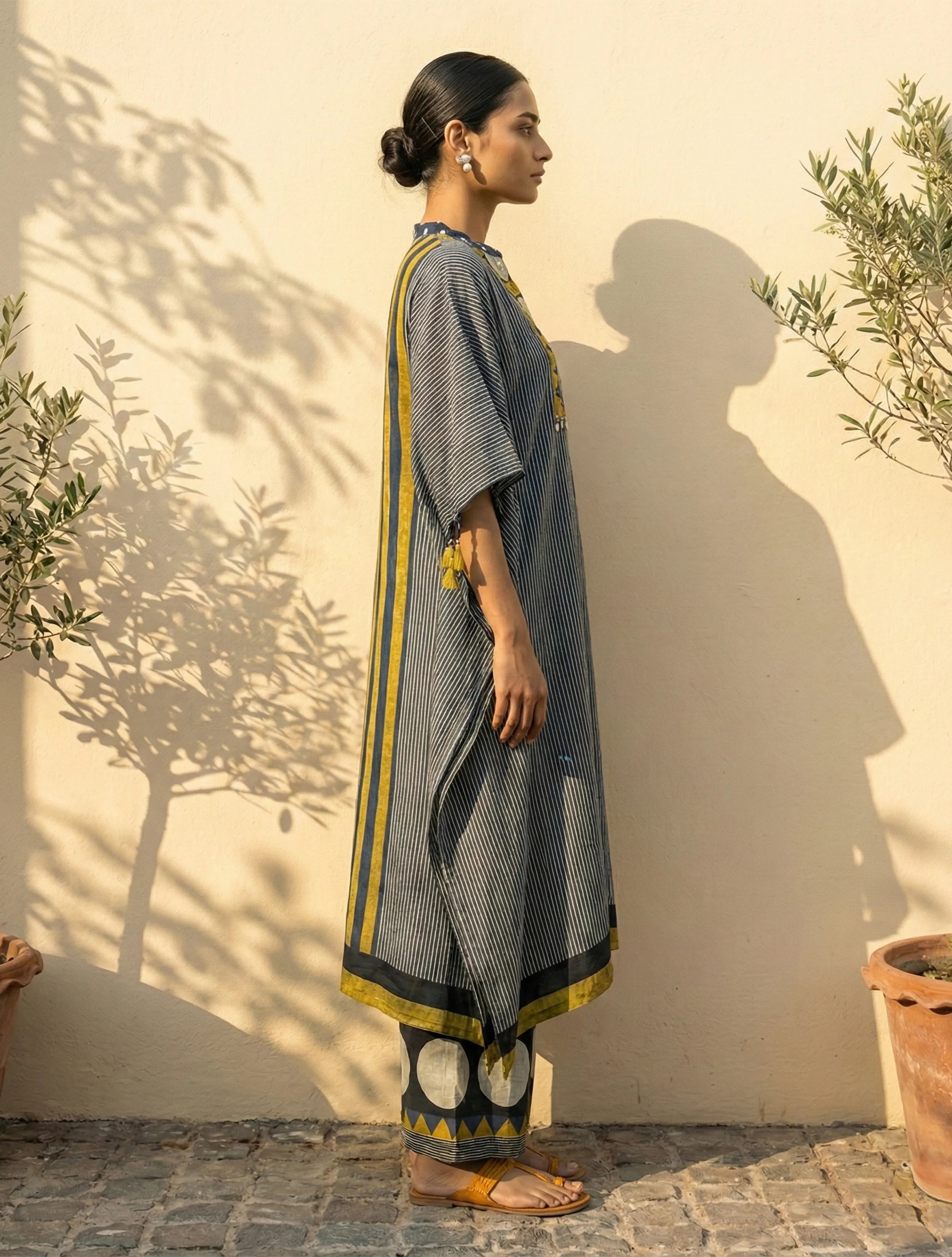 trueBrowns Blue Stripe Kaftan Kurta Palazzo Set