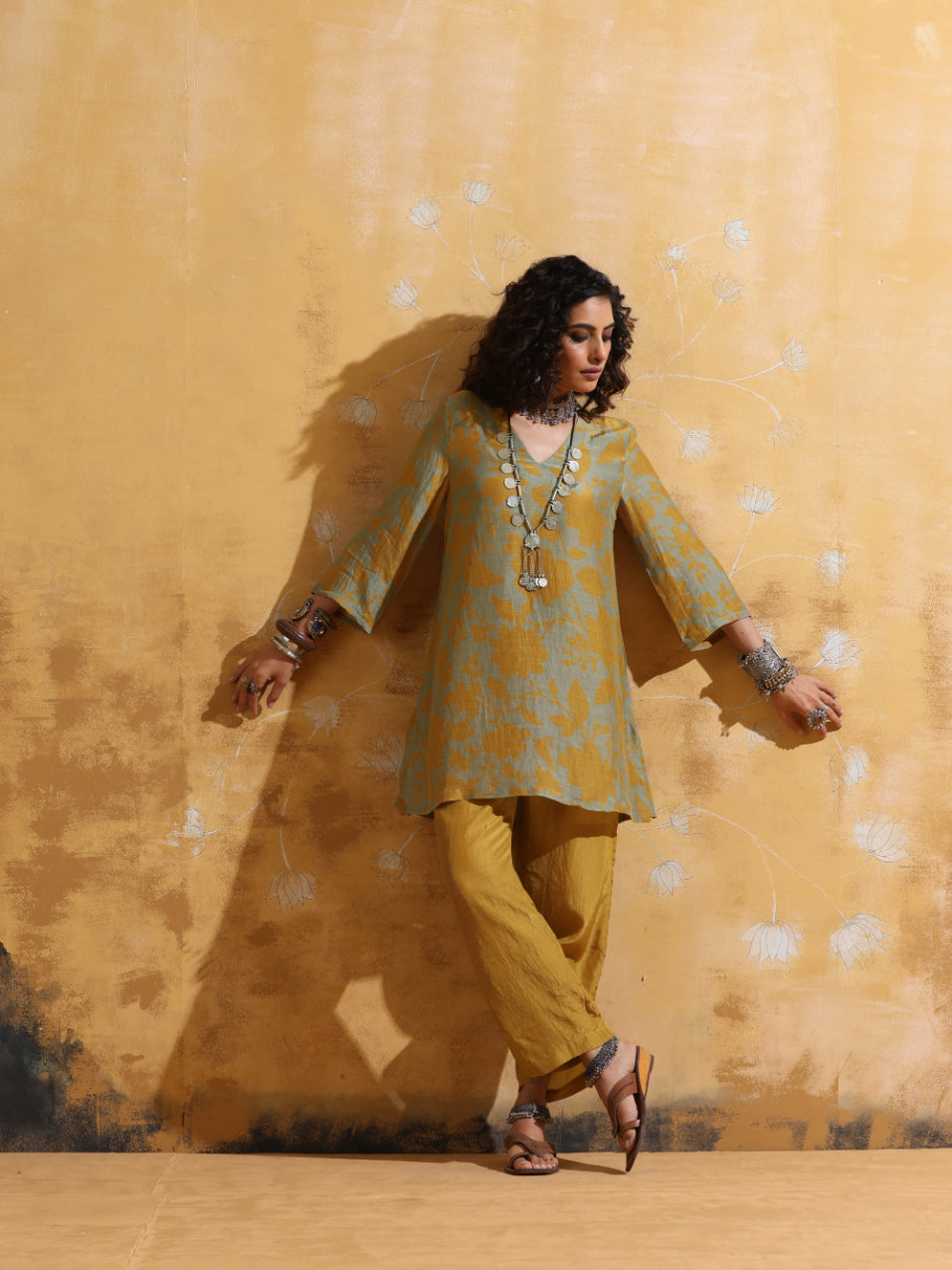 trueBrowns Mint Mustard Jaal Print Muslin Silk Co-ord Set