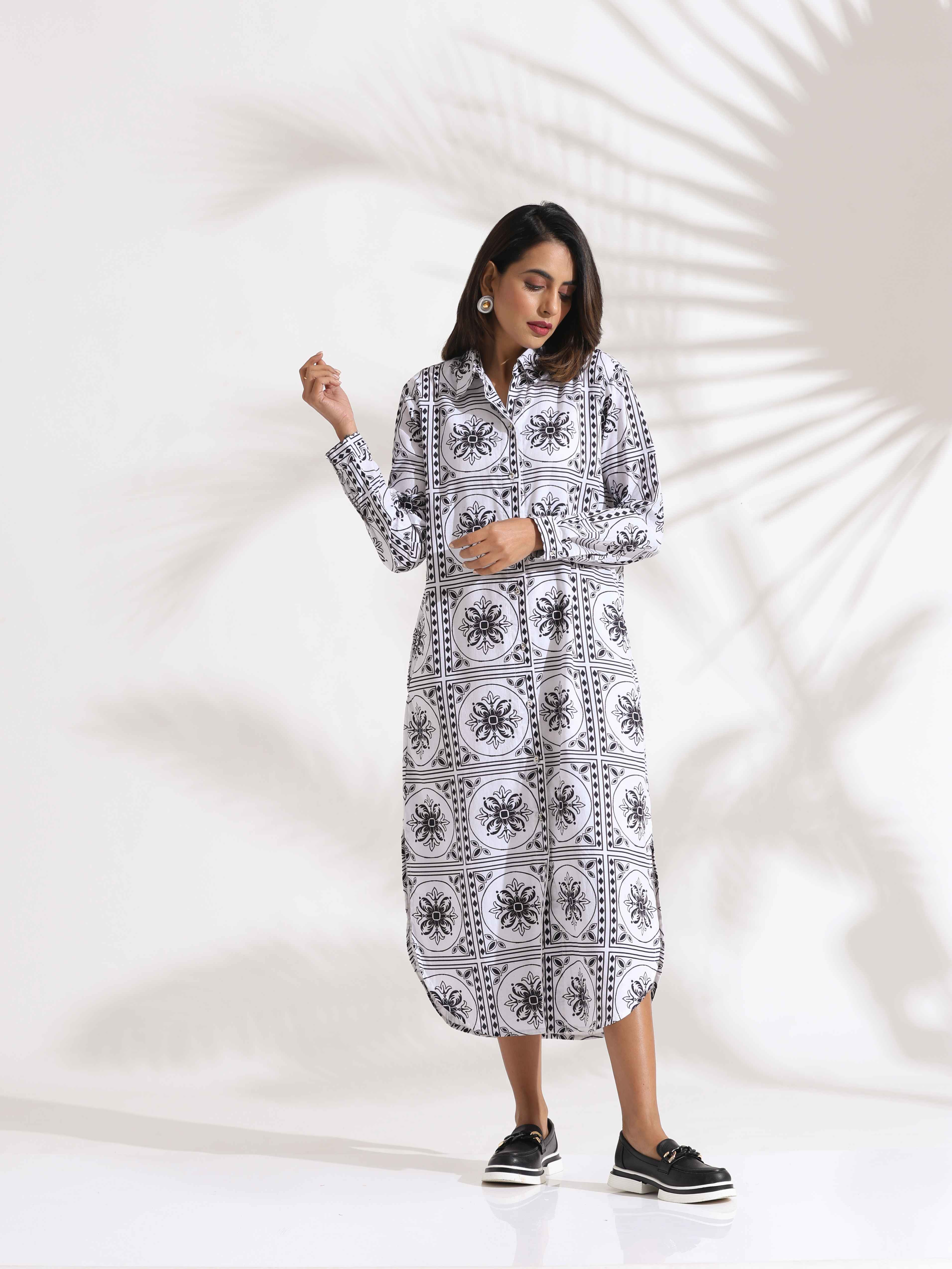 trueBrowns White Cotton Print Shirt Dress