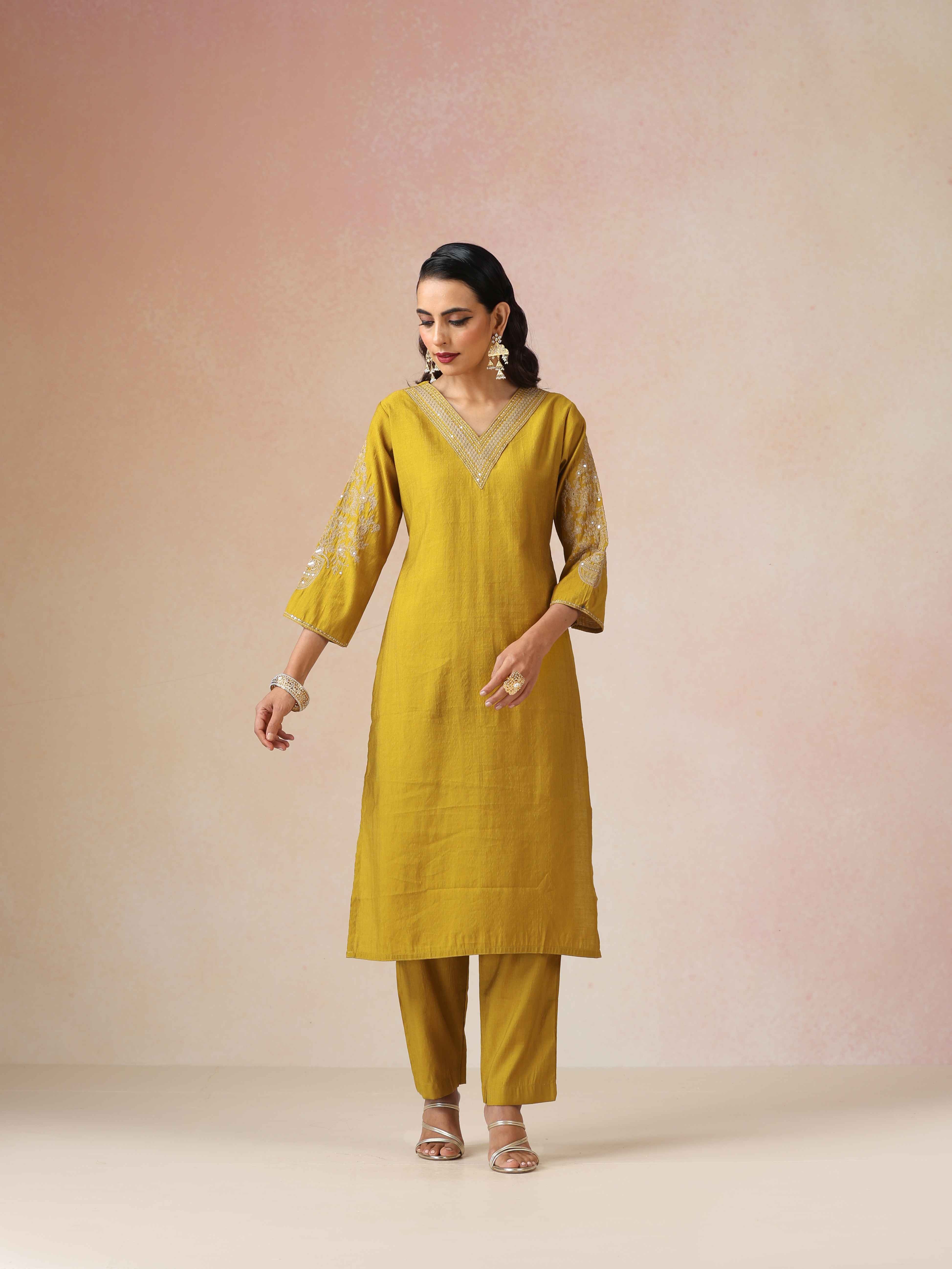 trueBrowns Mustard Embroidered Straight Kurta Pant Dupatta Set