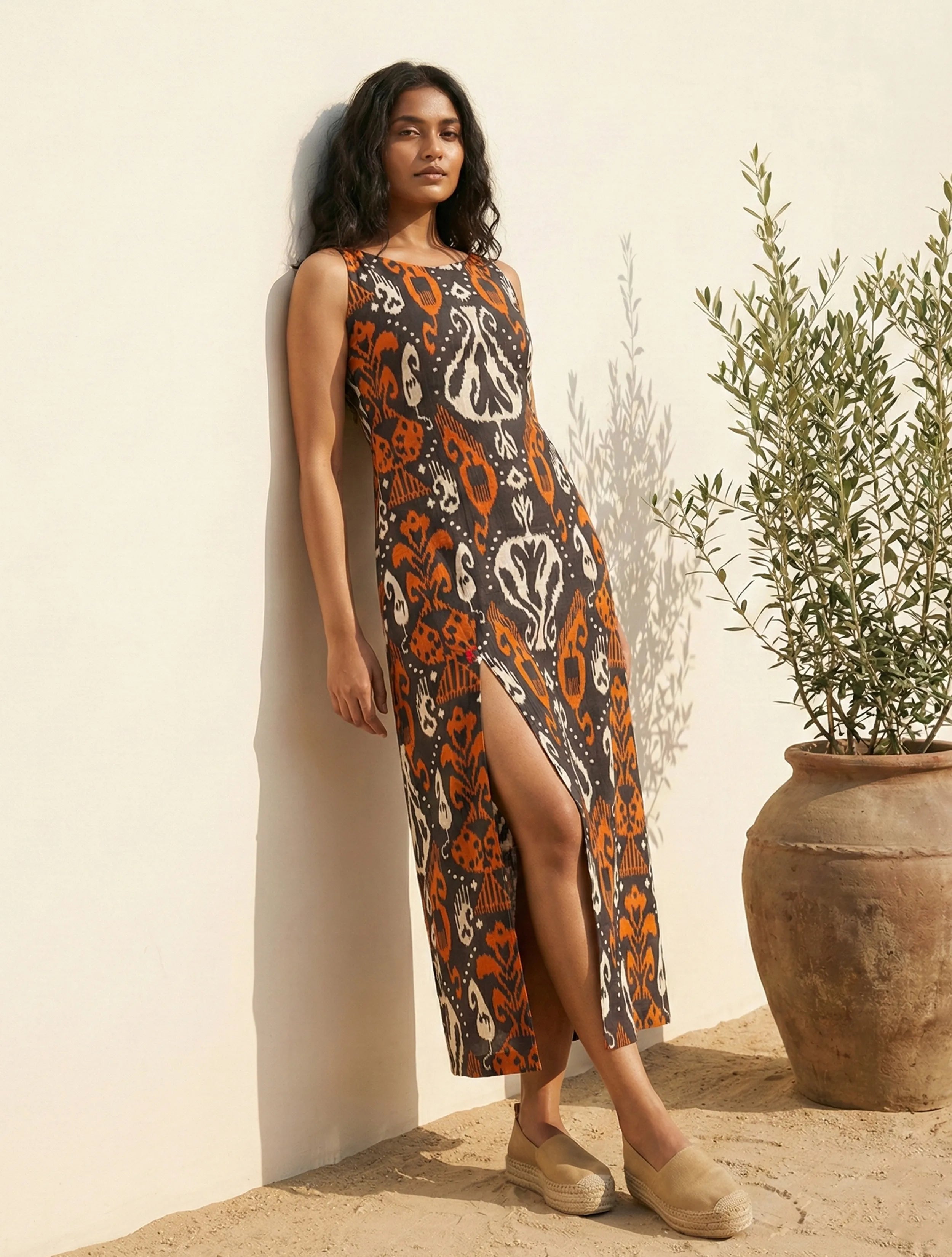 trueBrowns Cola Orange Ikat Print Cotton Mull Strappy Long Dress