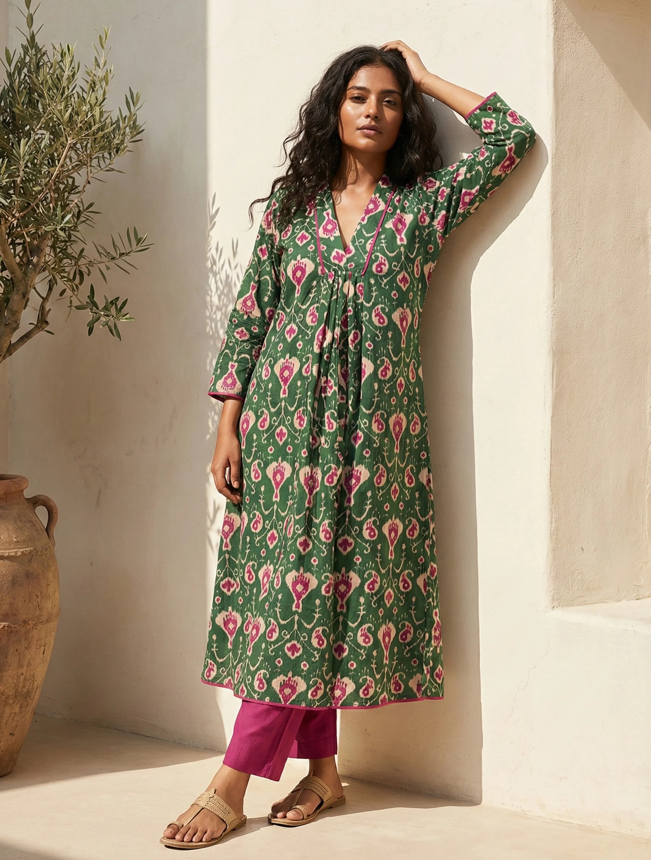 trueBrowns Green Pink Ikat Print Cotton A-Line Kurta Set