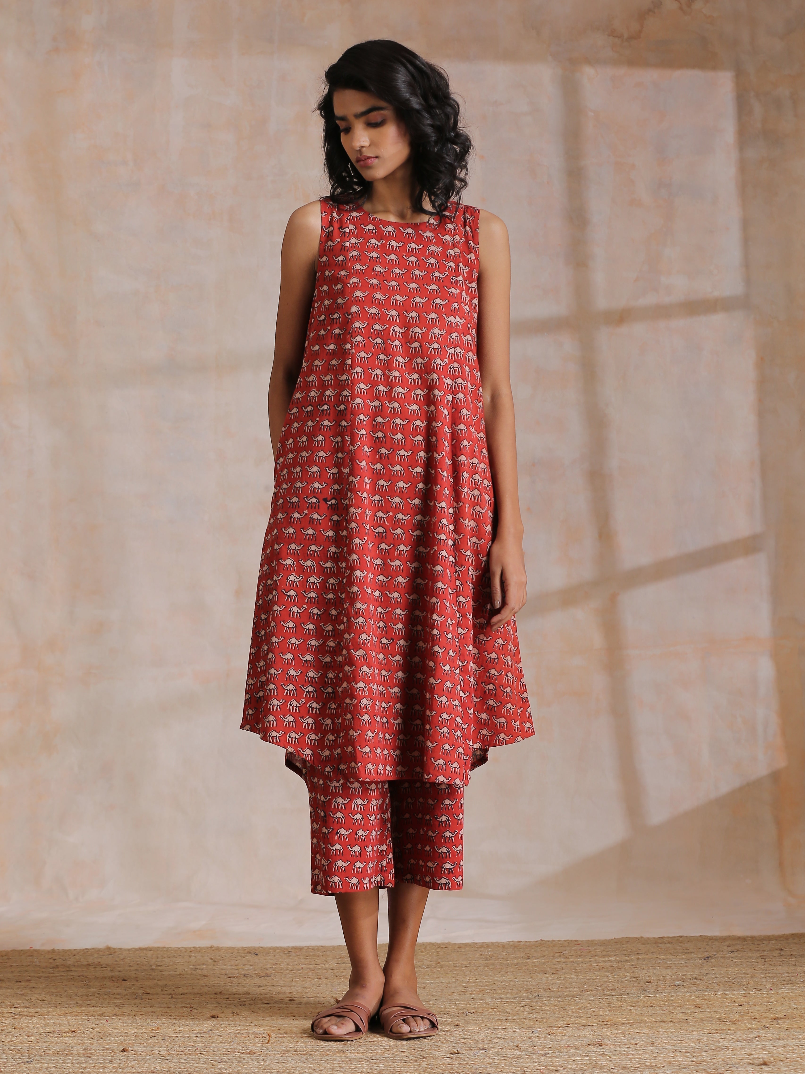 Rust Red Bagru Camel Print Cotton High-Low Co-Ord Set