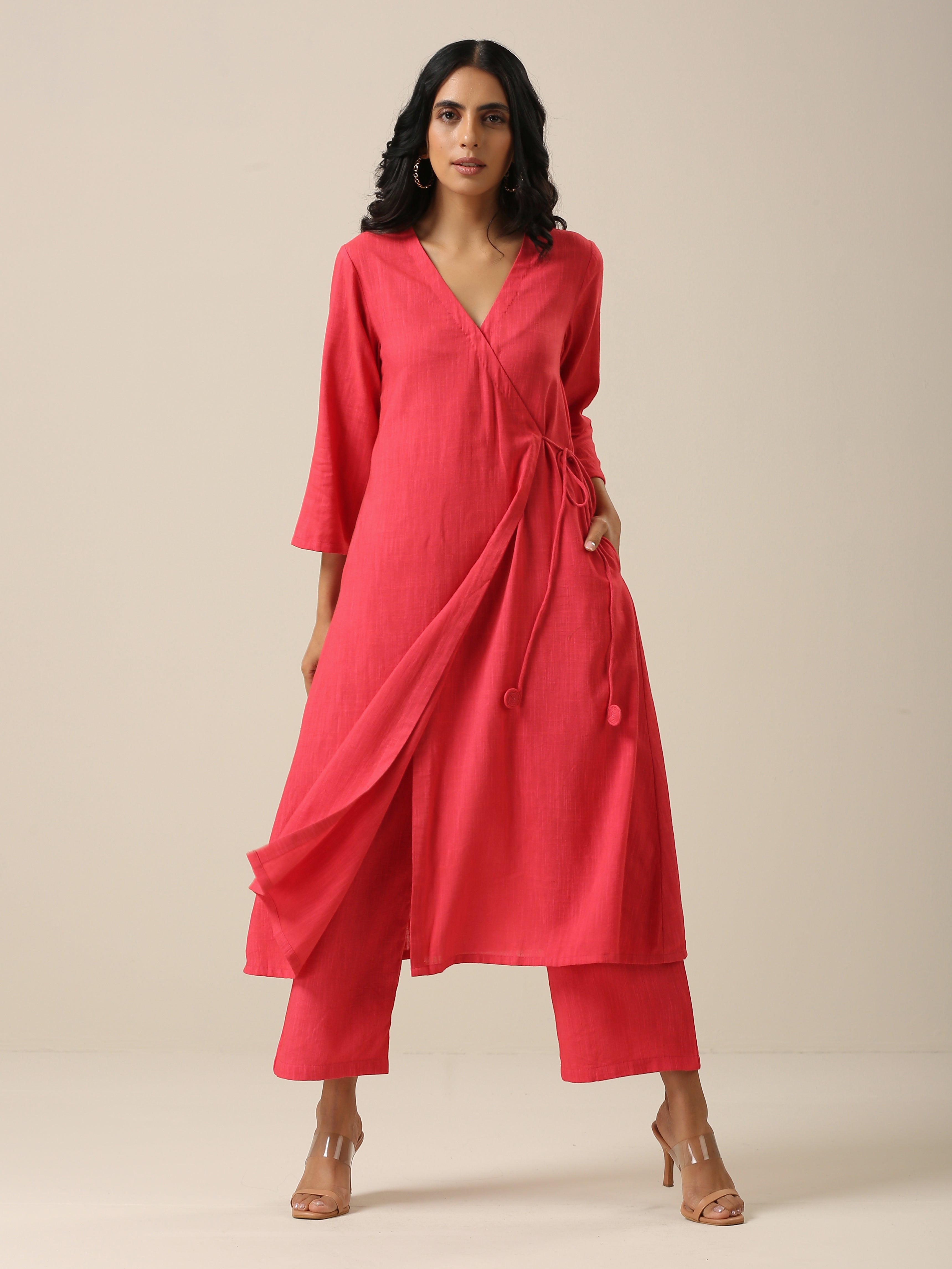 Bright Pink Slub Texture Angrakha Pant Set