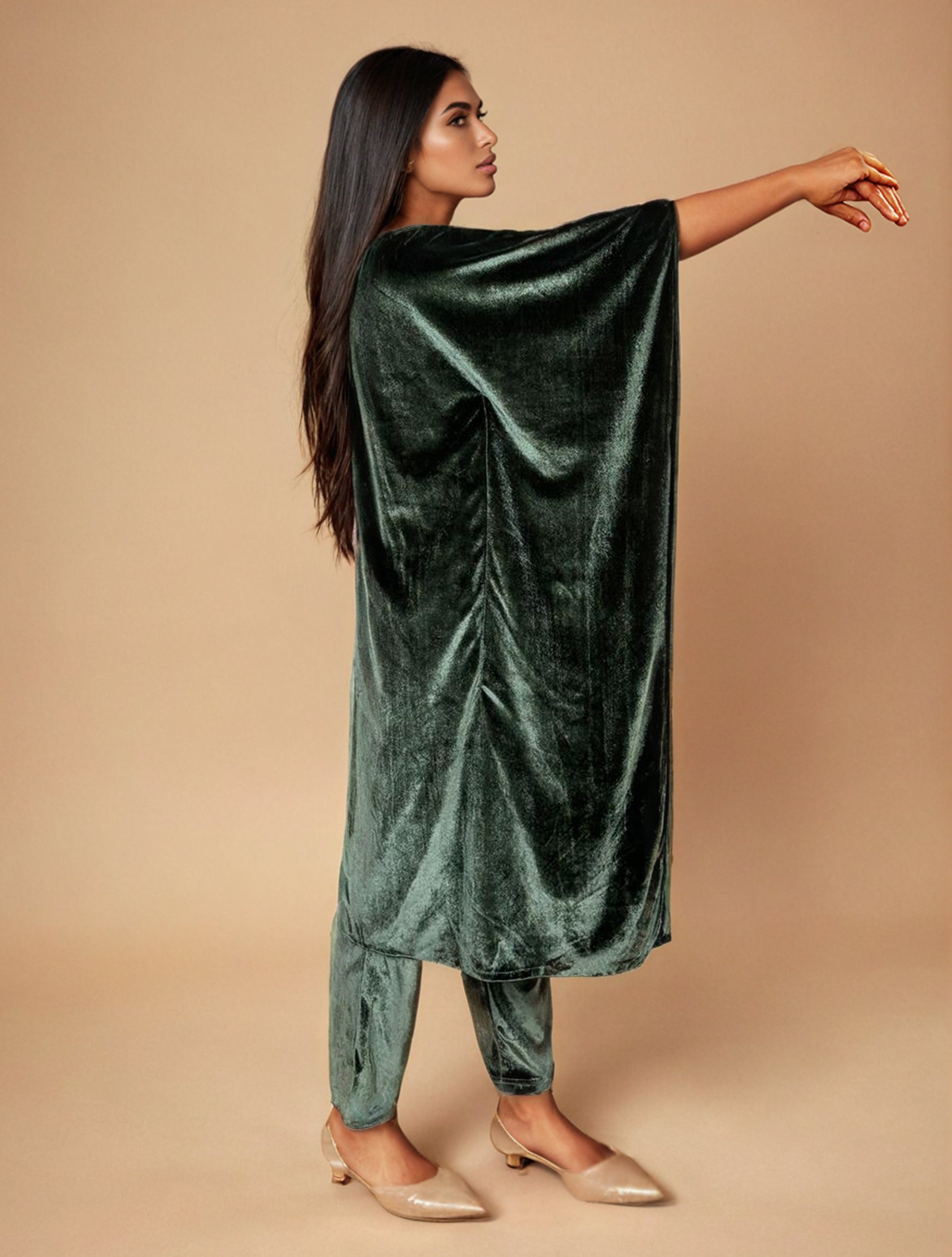 trueBrowns Olive Green Velvet Embroidered Kaftan Kurta Set