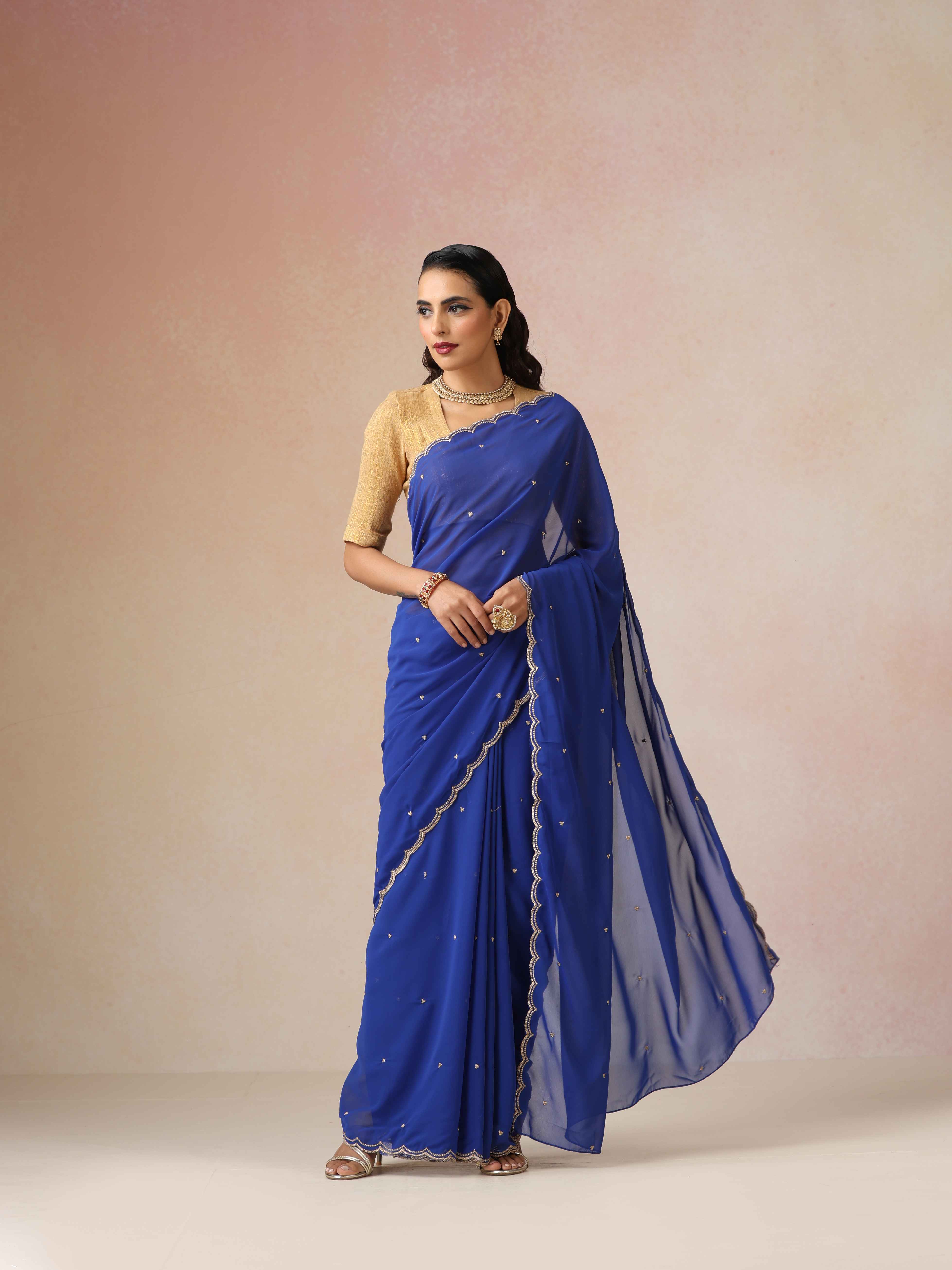 trueBrowns Blue Georgette Embroidered Saree With unstitched Blouse