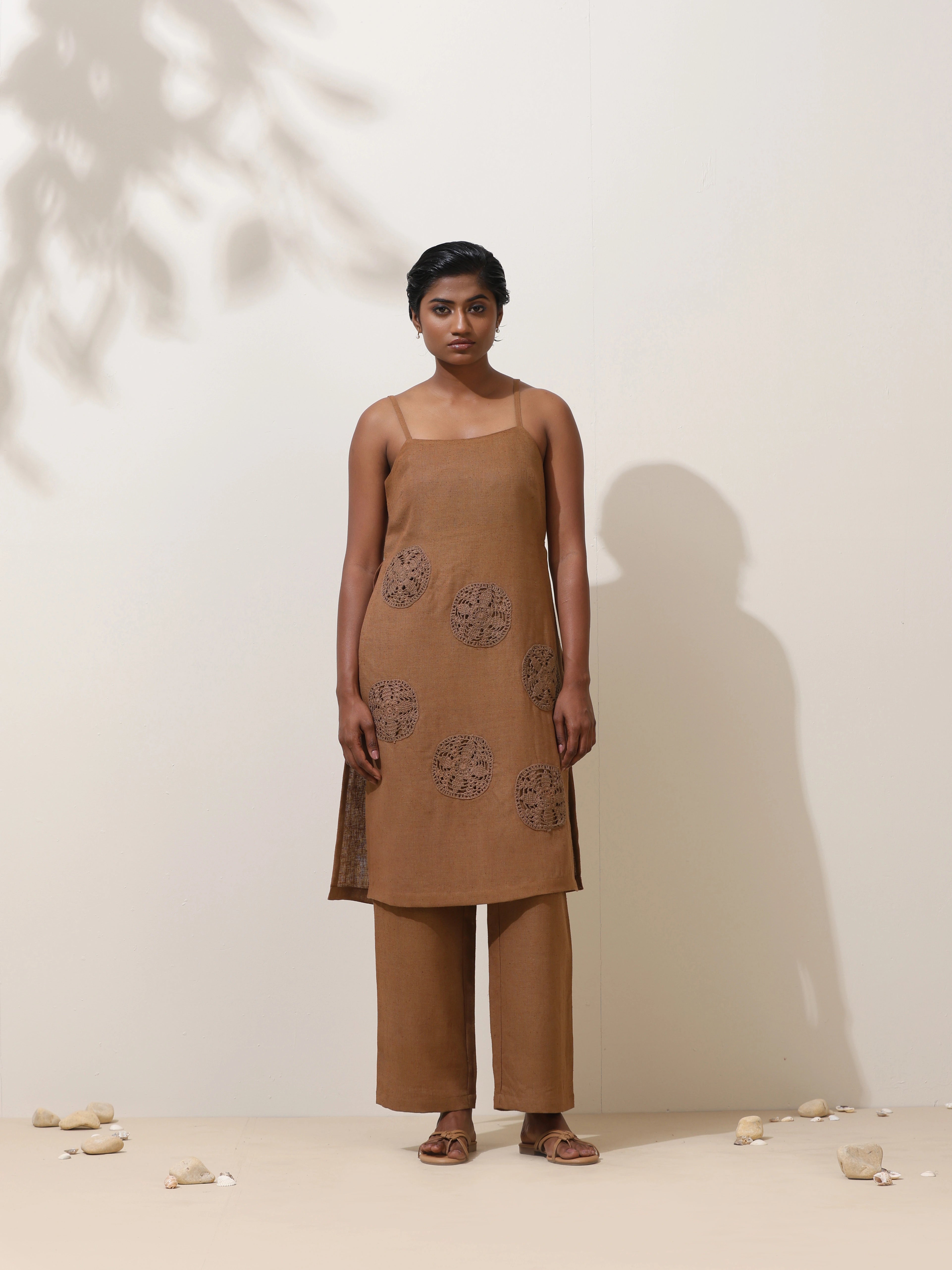 trueBrowns Kora Brown Crochet Natural Cotton Kurta Co-ord Set