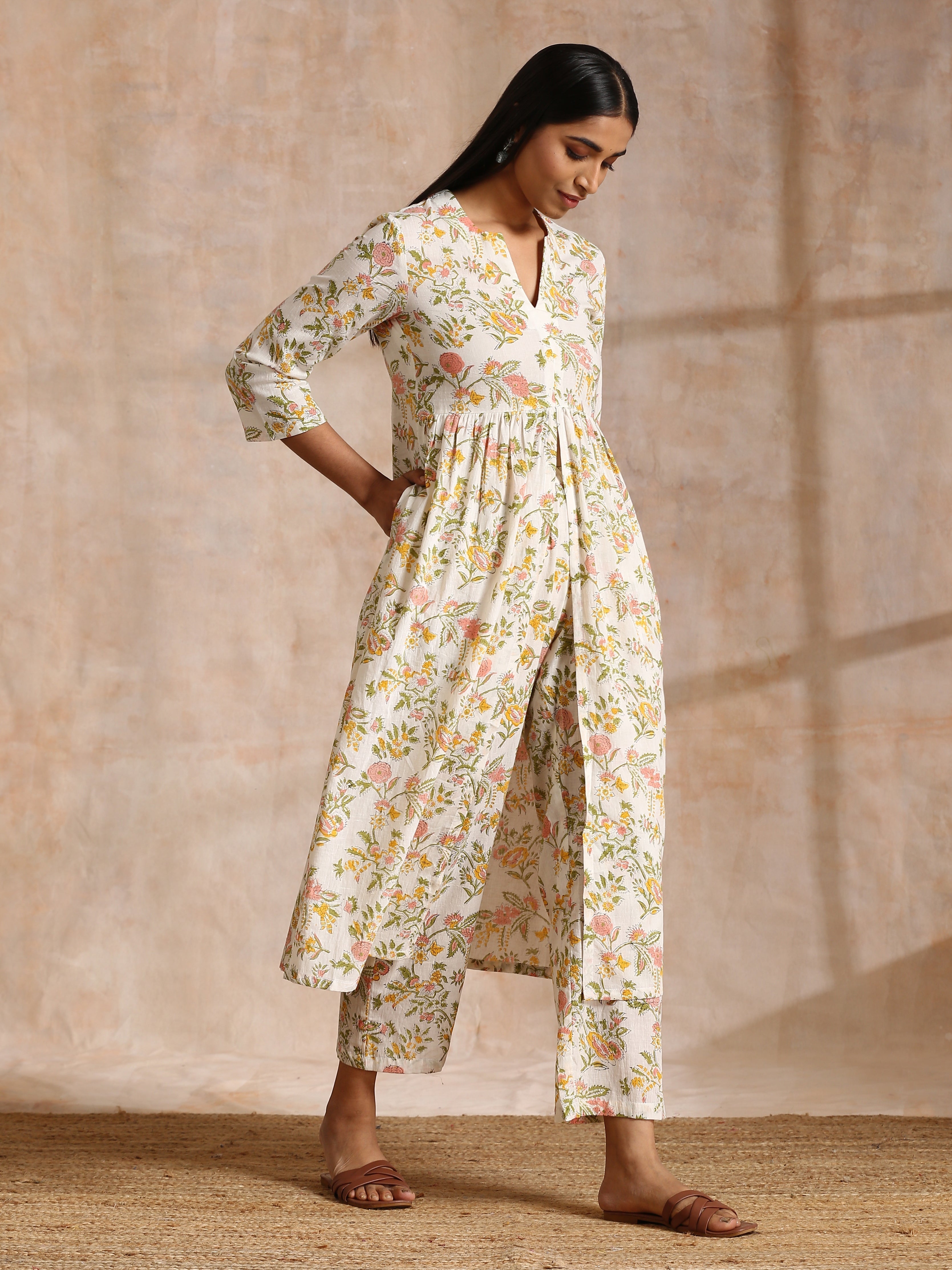 White Multi Color Overall Block Print Cotton Kurta Pant Set