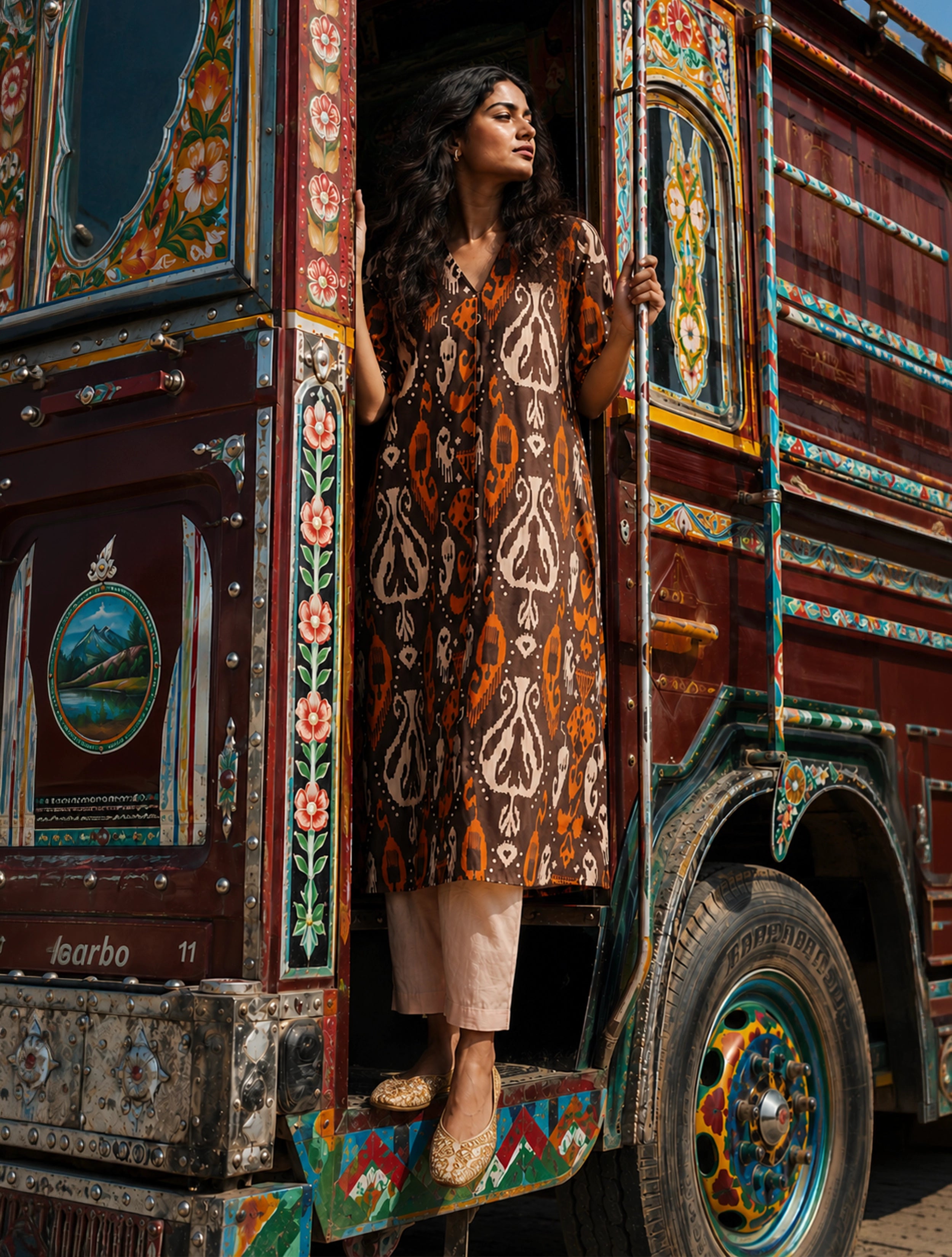trueBrowns Cola Orange Ikat Print Cotton High-Slit Kurta Set