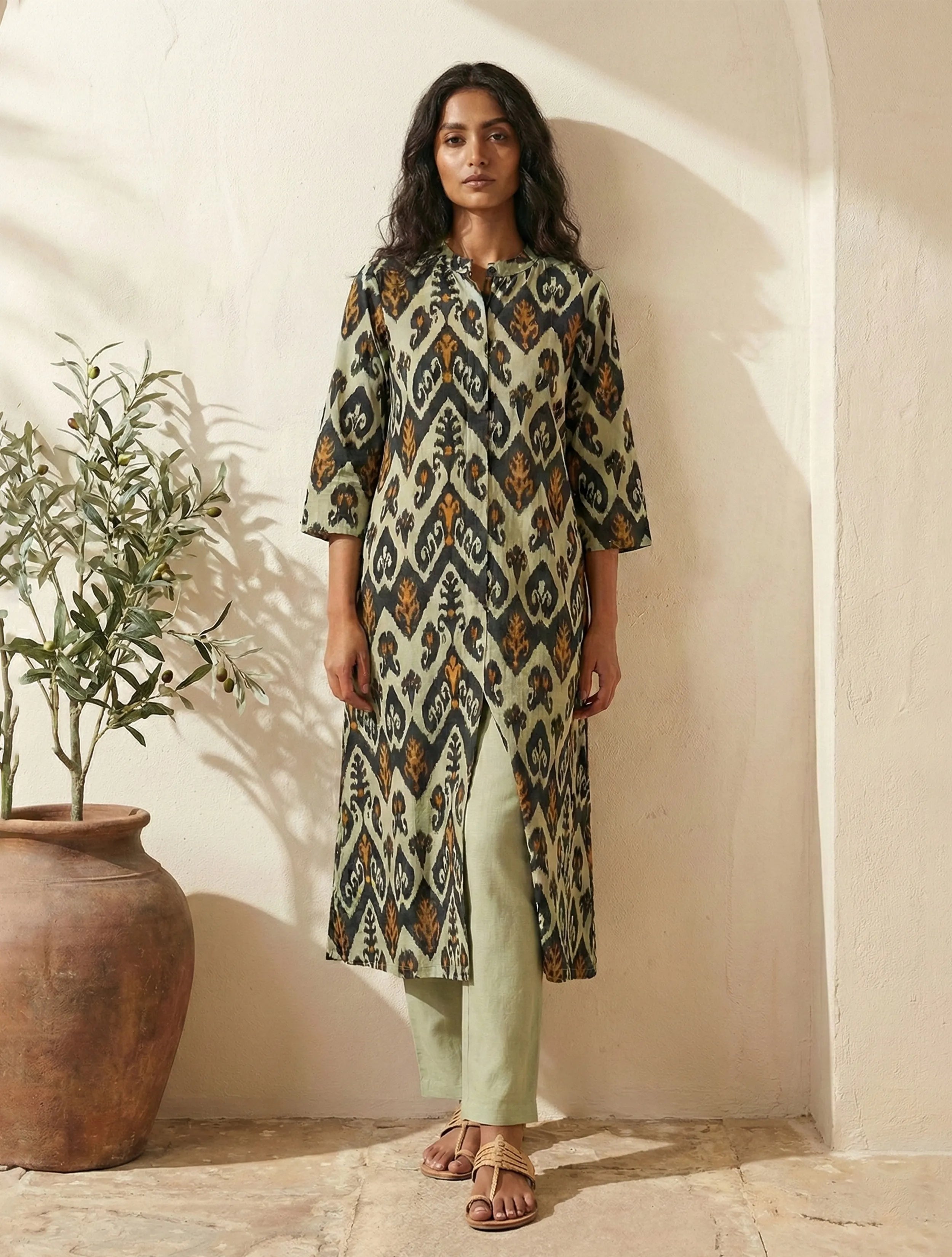 trueBrowns Mint Green Ikat Print Cotton Kurta Set