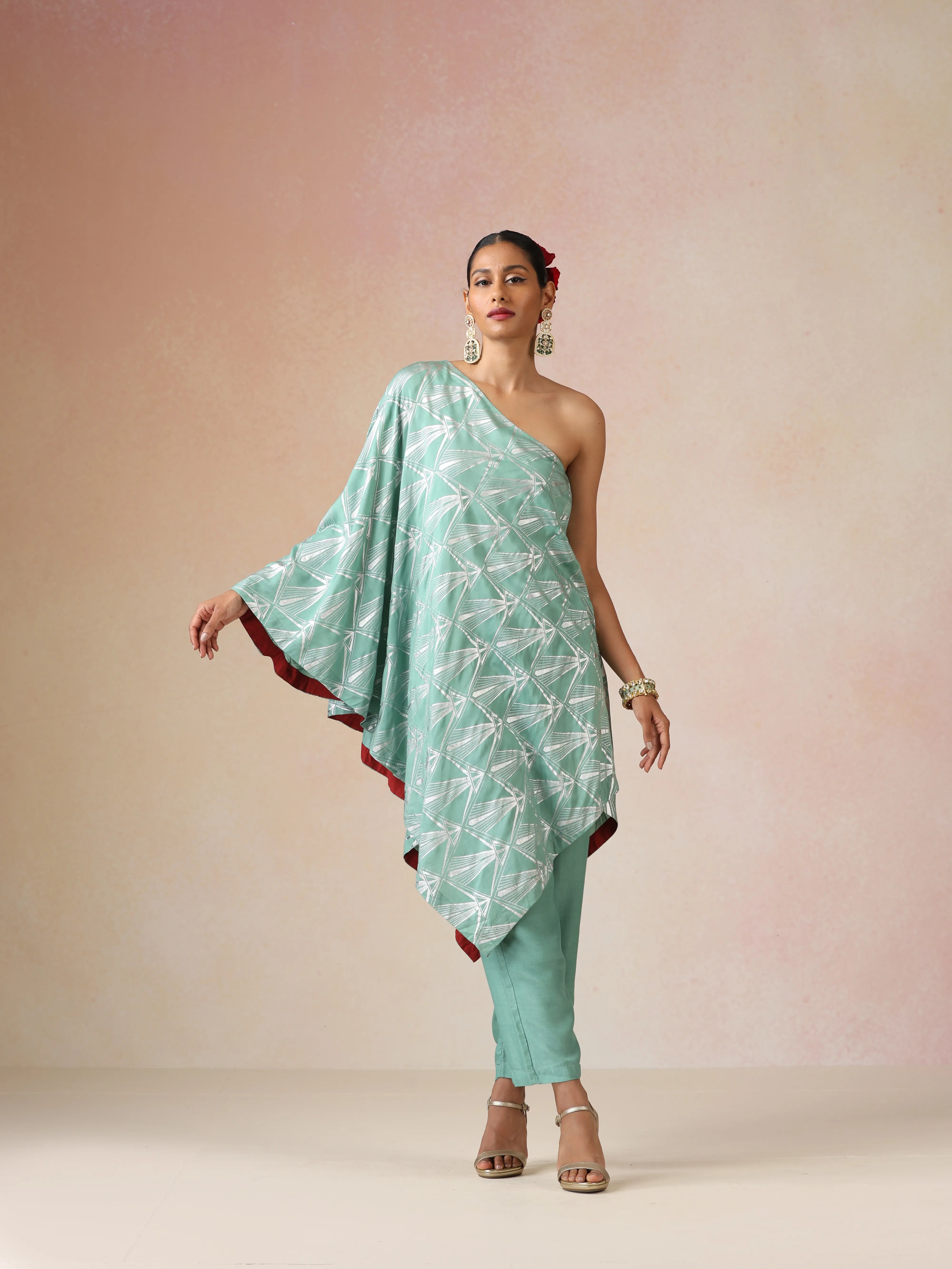 trueBrowns Mint Green Silver Foil Print Muslin Silk Asymmetric One-Shoulder Kurta Co-ord Set