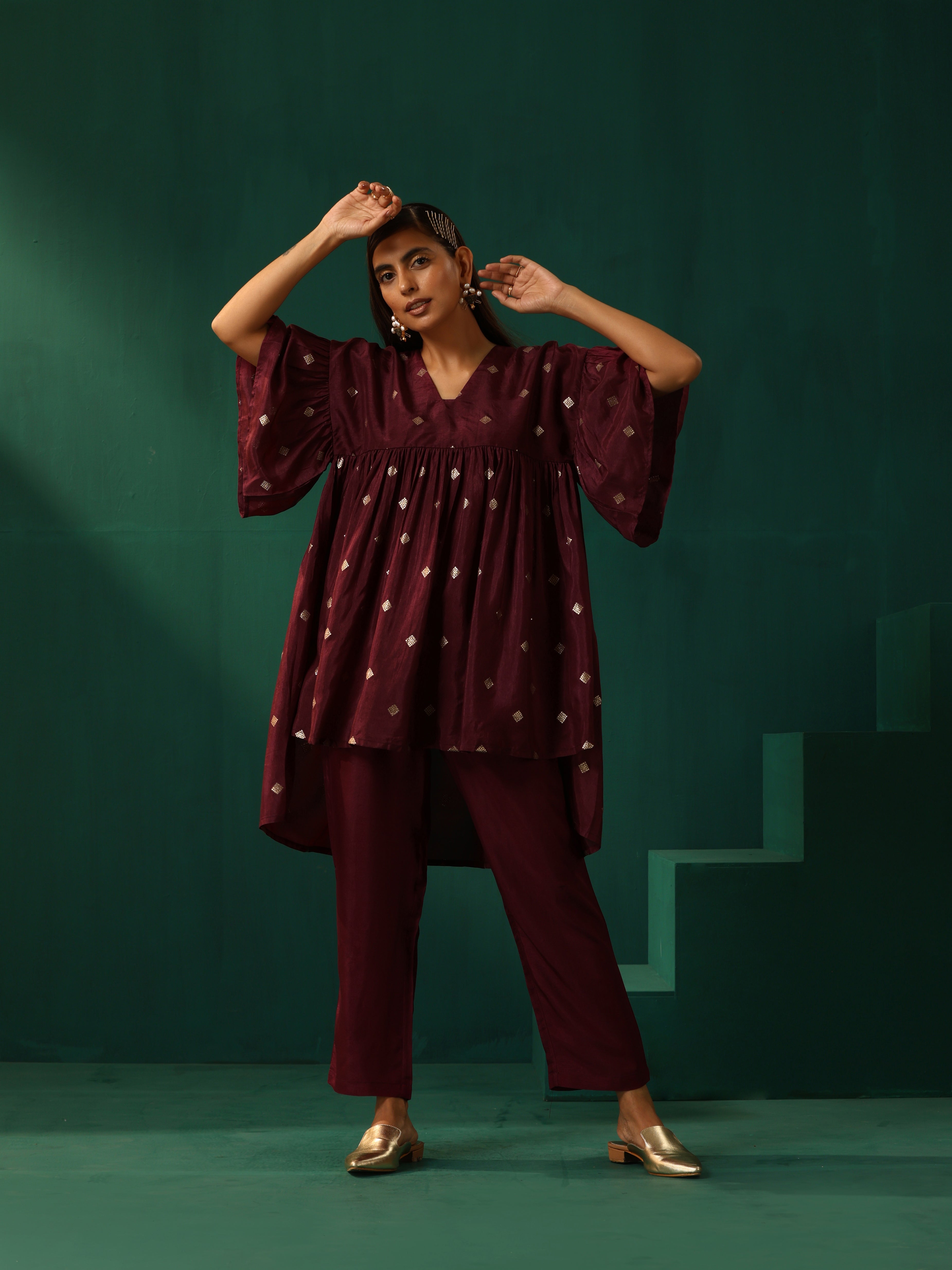 trueBrowns Wine Diamond Viscose Silk Co-ord Set