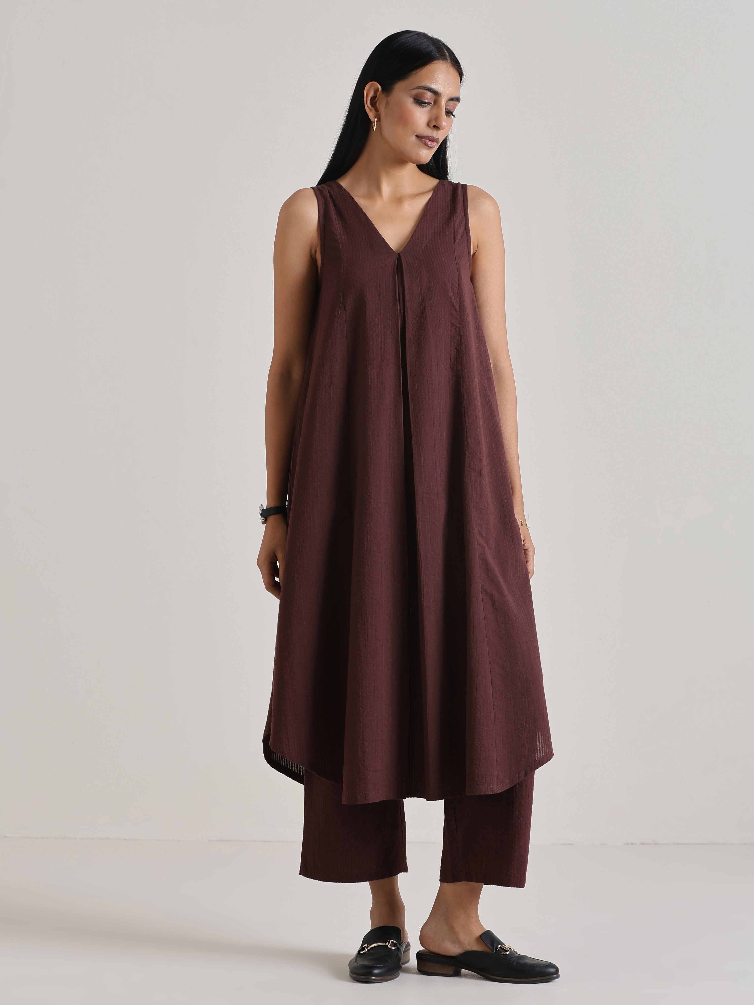 Cola Brown Sleeveless Flared Kurta Pant Set
