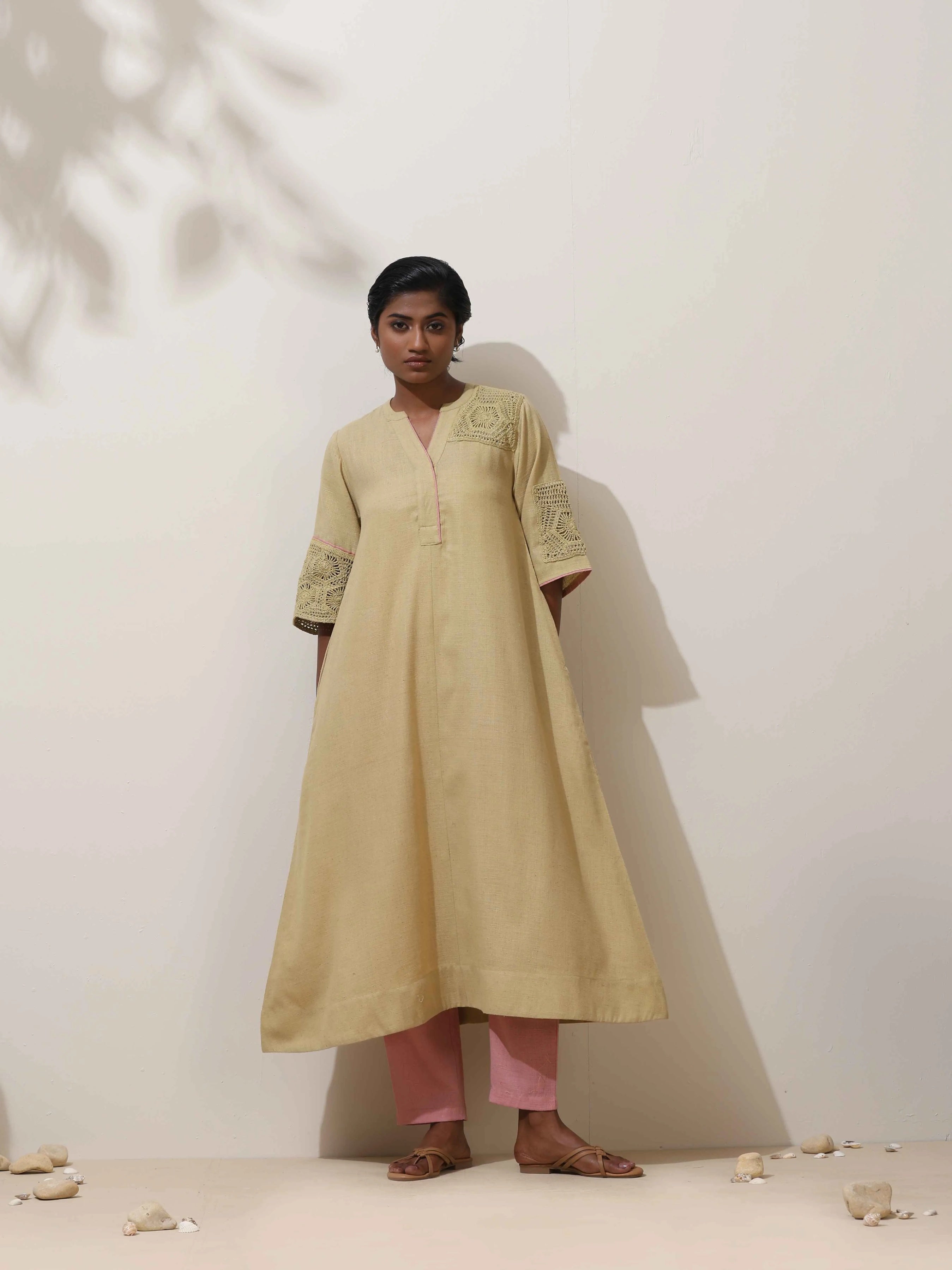 trueBrowns Souk Yellow Crochet Natural Cotton Kurta Pant Set