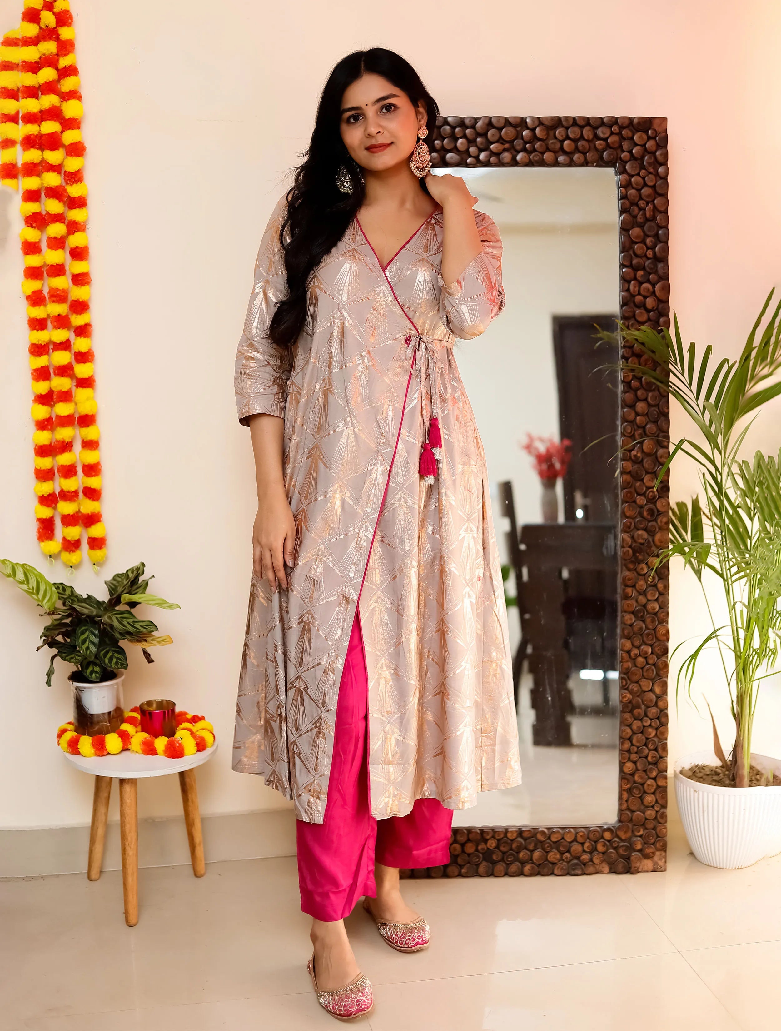 trueBrowns Grey Rose-Gold Foil Print Angrakha Kurta Set