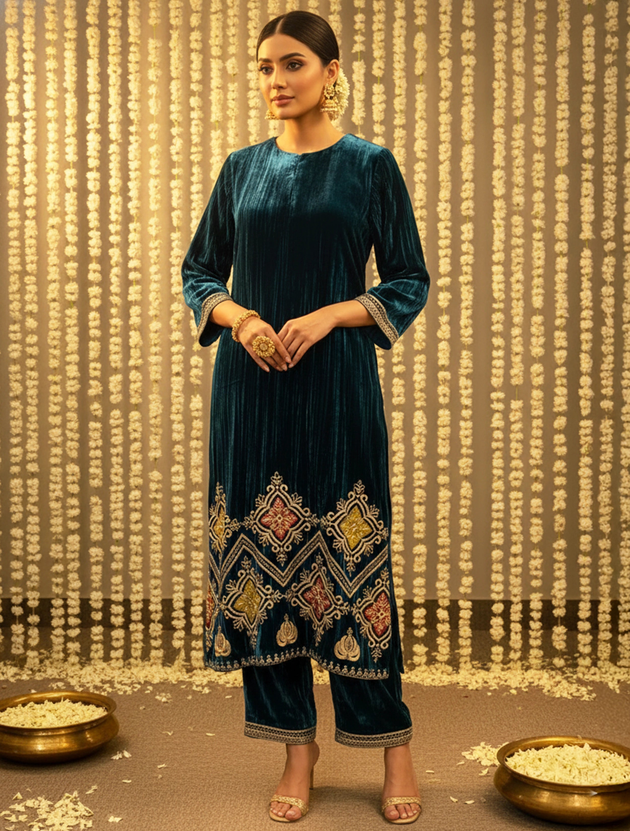 trueBrowns Blue Crinkled Velvet Embroidered Kurta Pants Dupatta Set