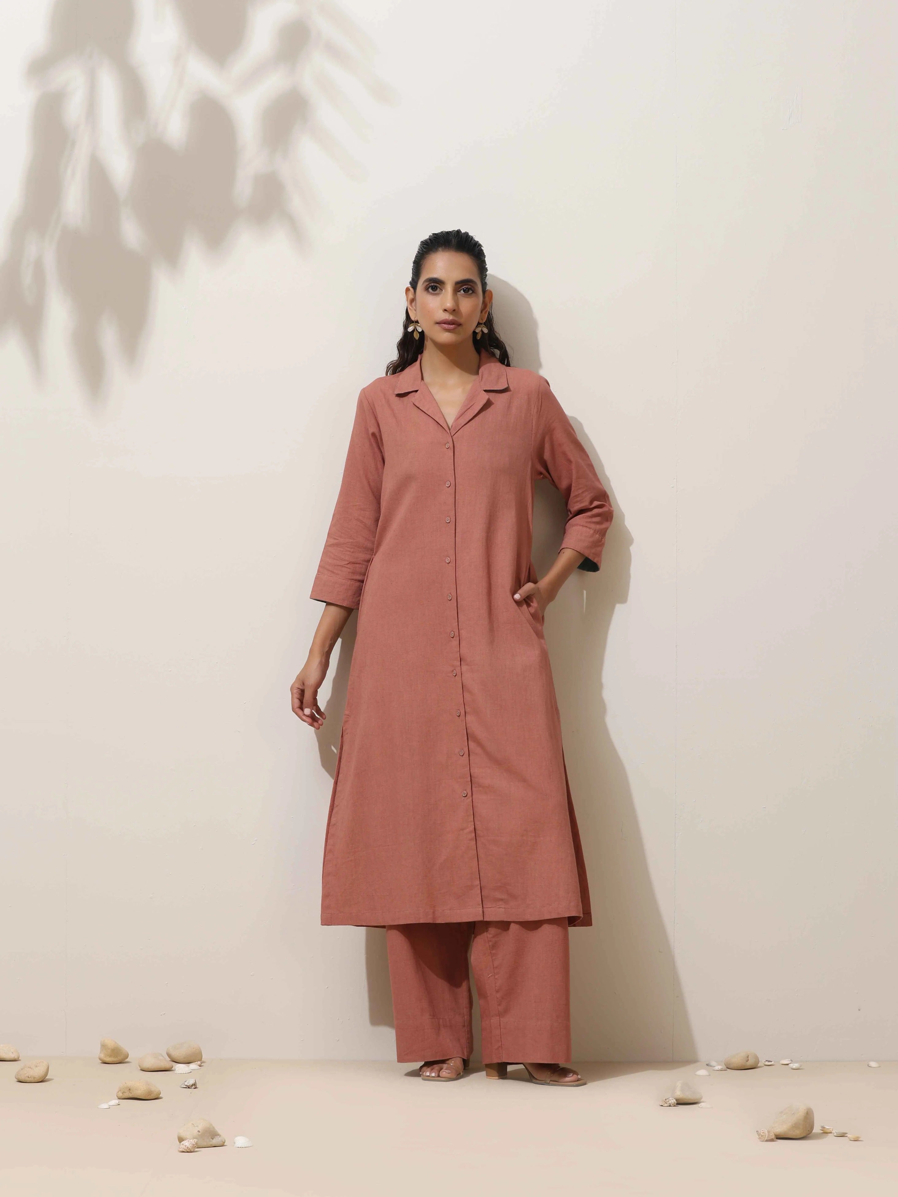 trueBrowns Peach Cotton Linen Kurta Pant Set