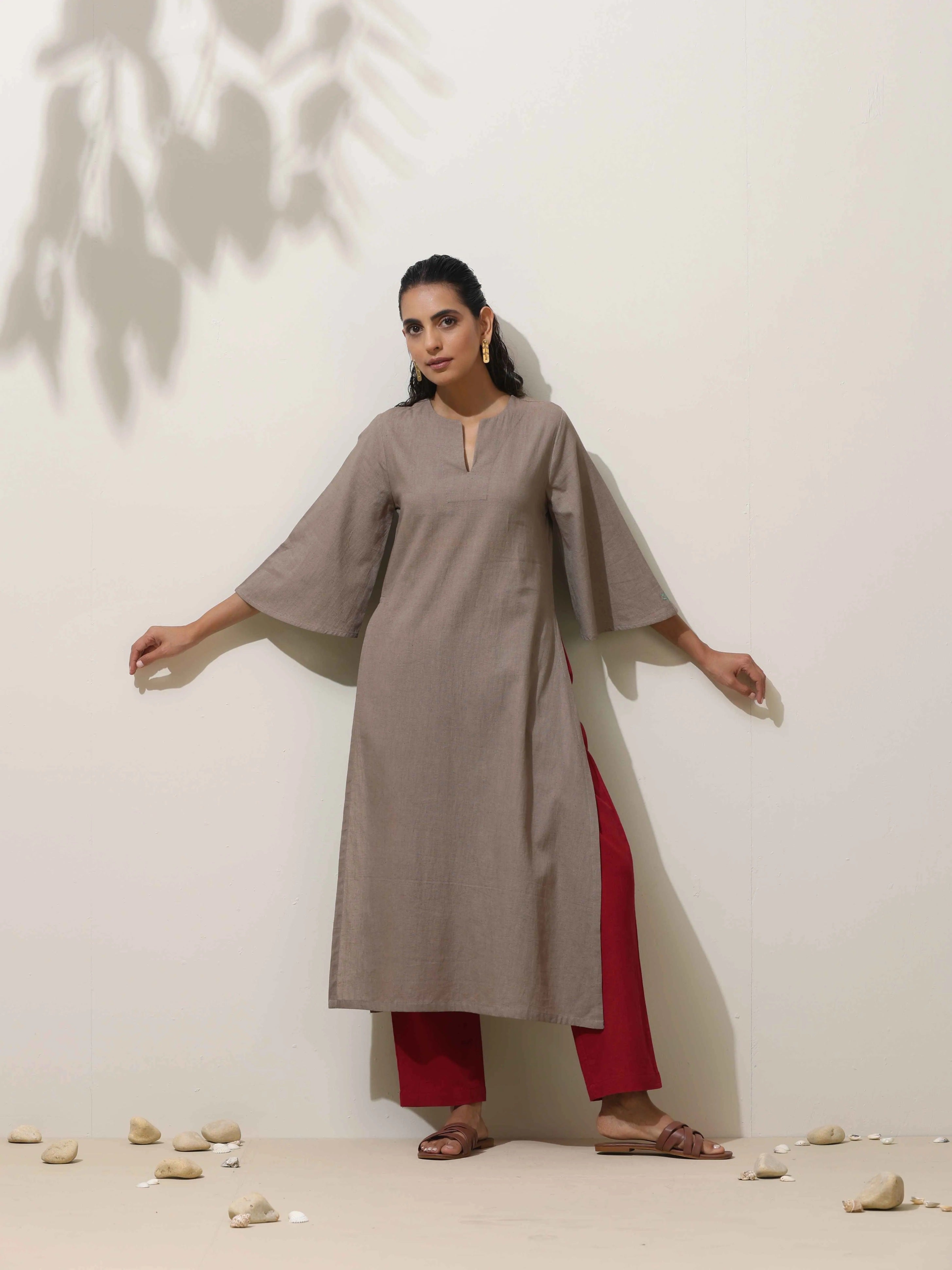 trueBrowns Grey Cotton Linen Kurta Pant Set