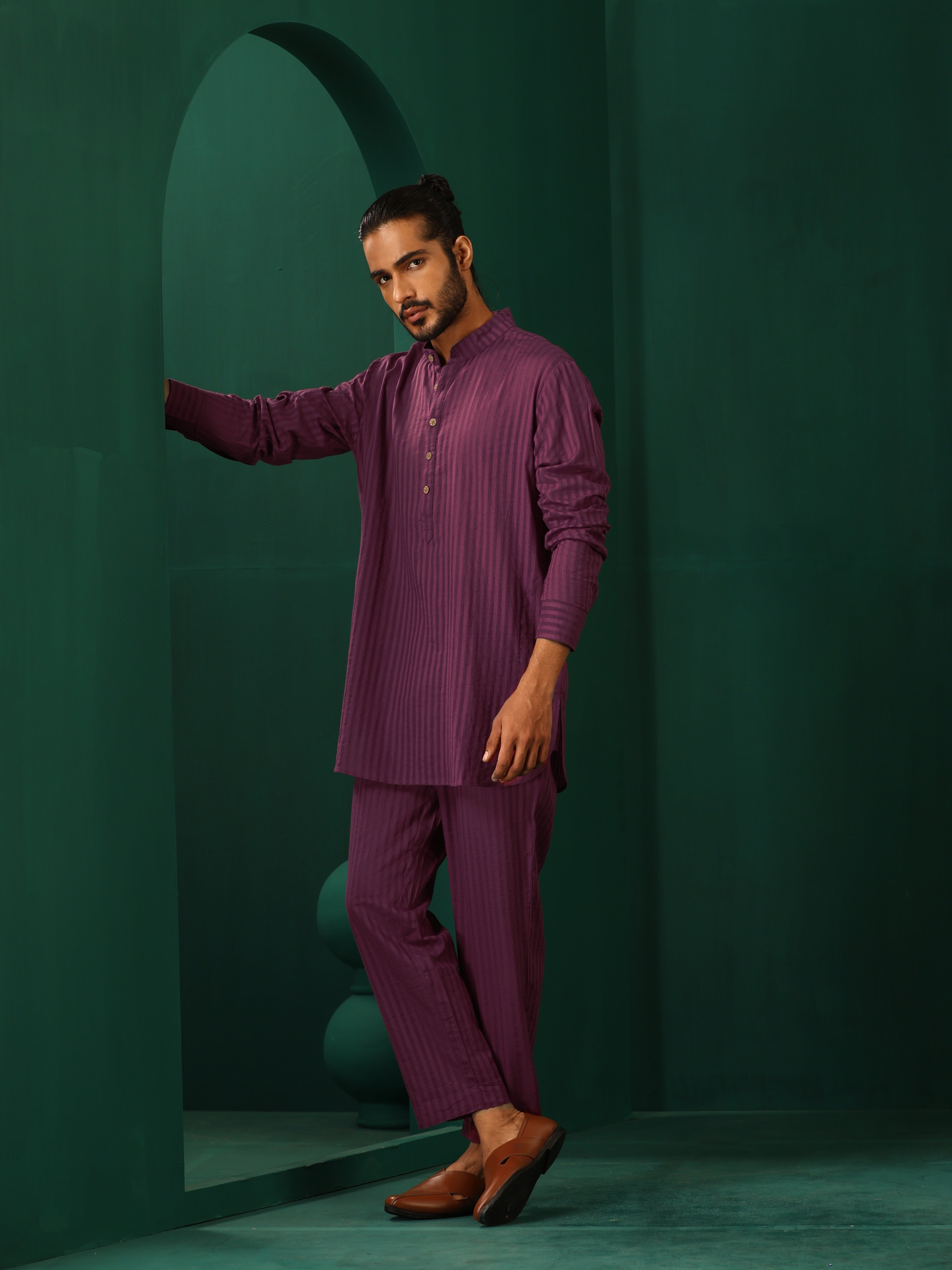 trueBrowns Men Purple Dobby Co-ord Set