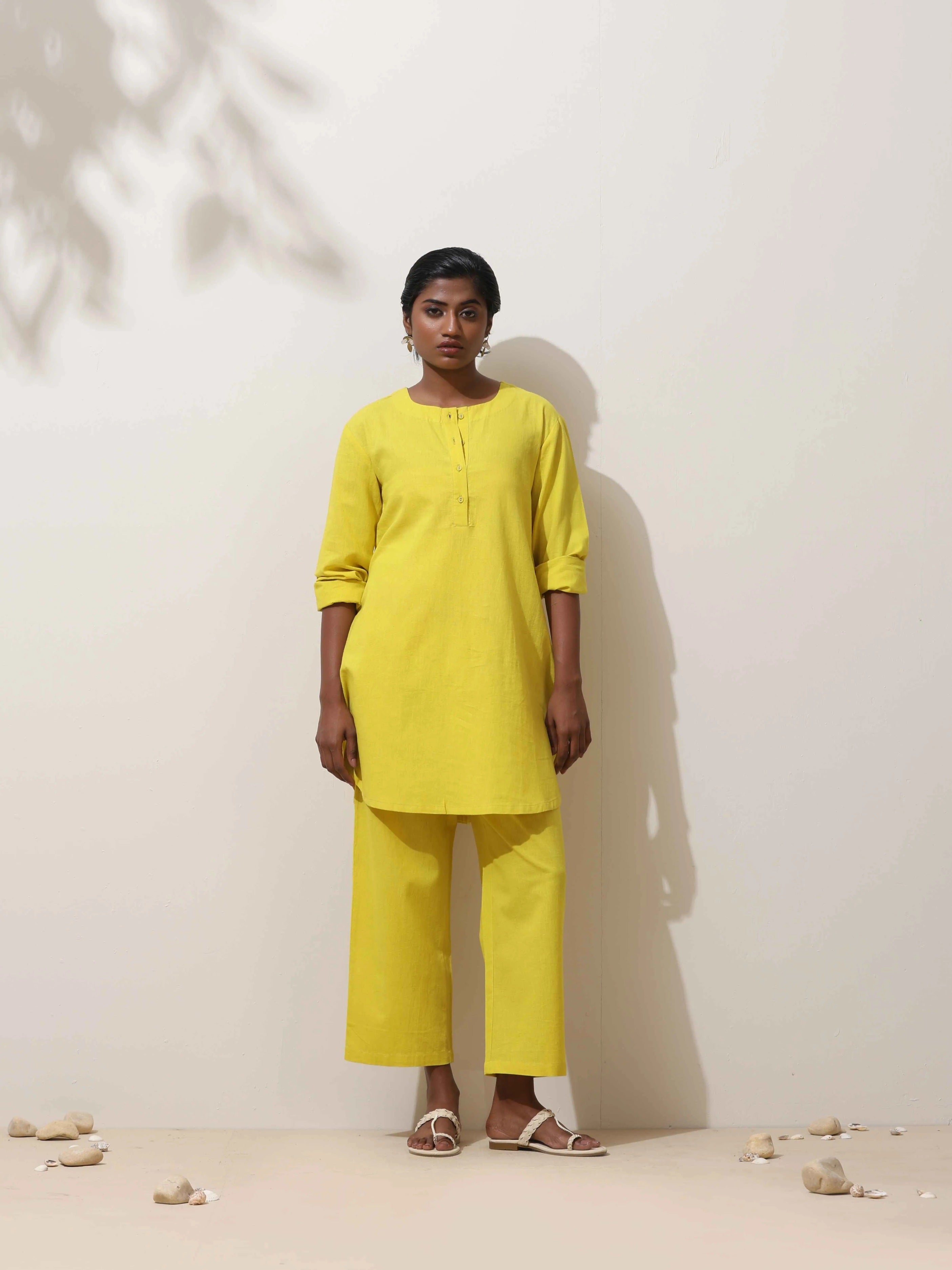 trueBrowns Lime Cotton Linen Kurta Co-Ord Set