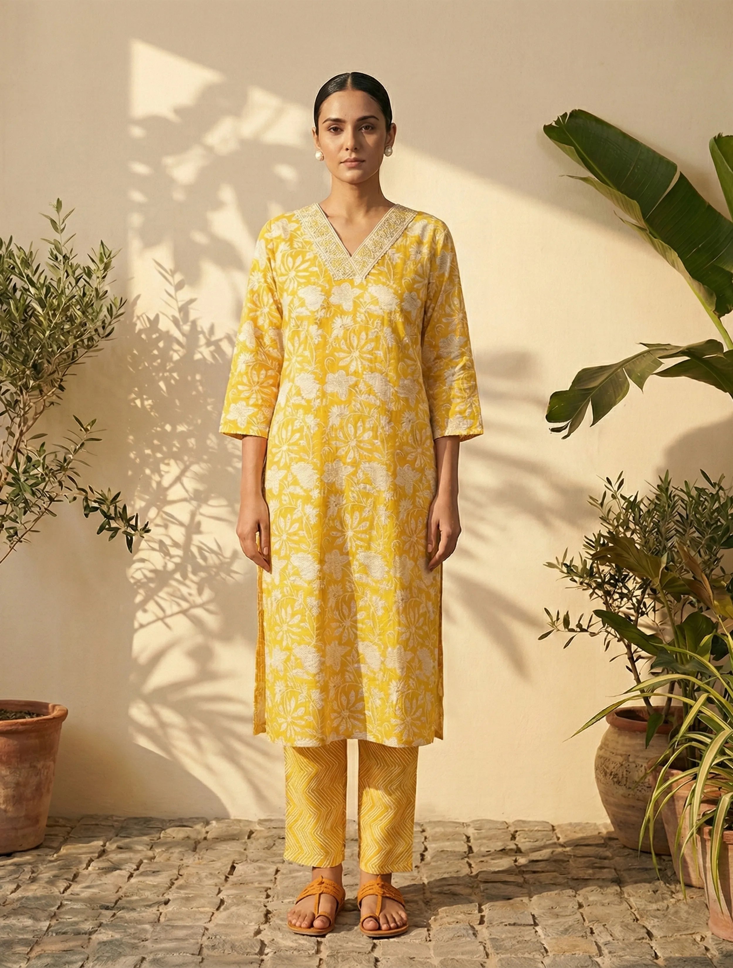 trueBrowns Yellow Floral Print Kurta Pant Dupatta Set