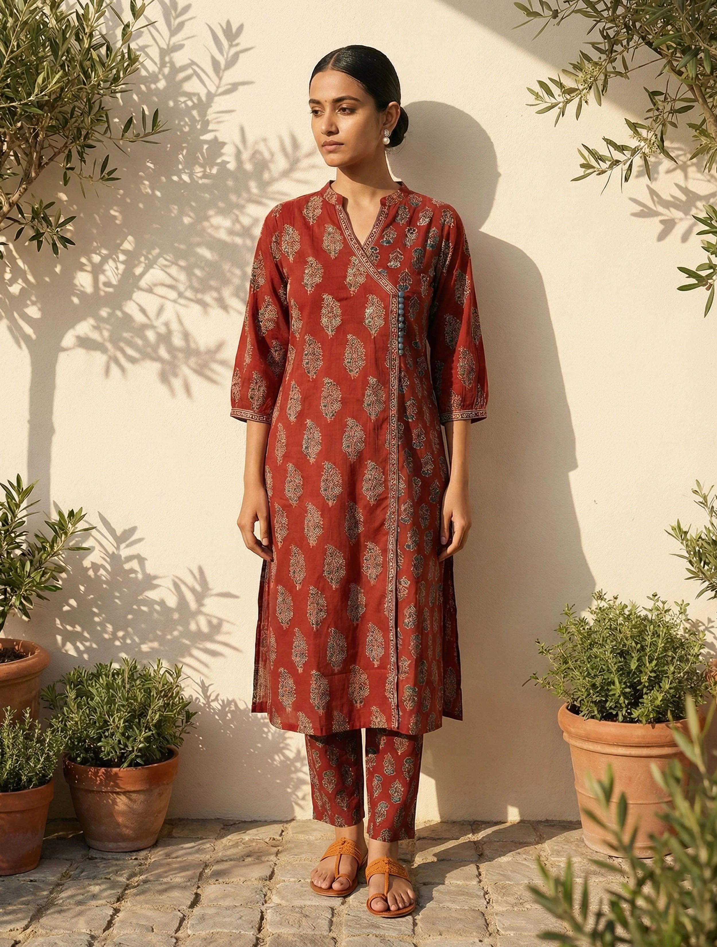 trueBrowns Rust Boota Print Angrakha Kurta Pant Dupatta Set