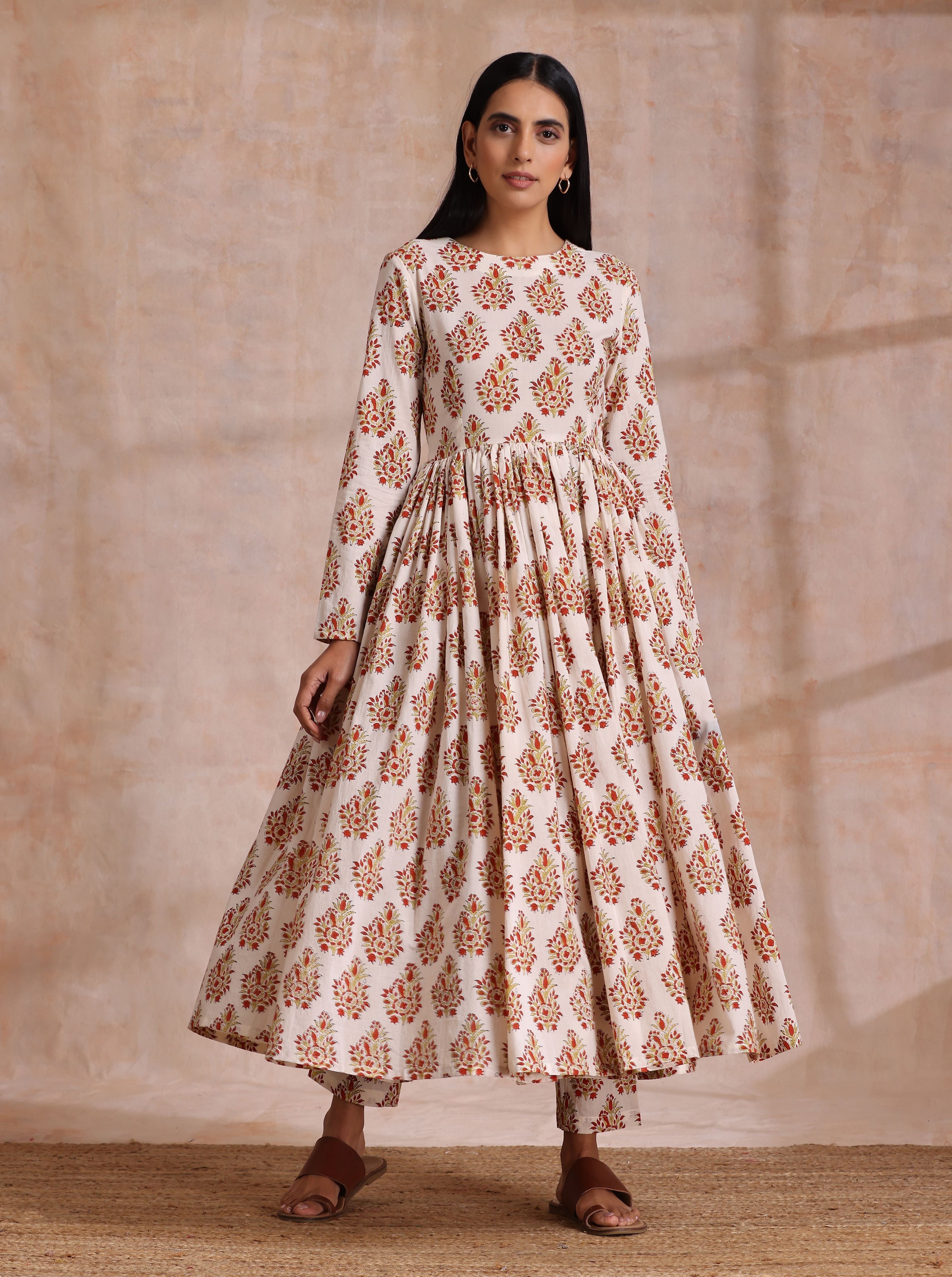 White With Red Yellow Buta Block Print Cotton Kurta Pant Dupatta Set