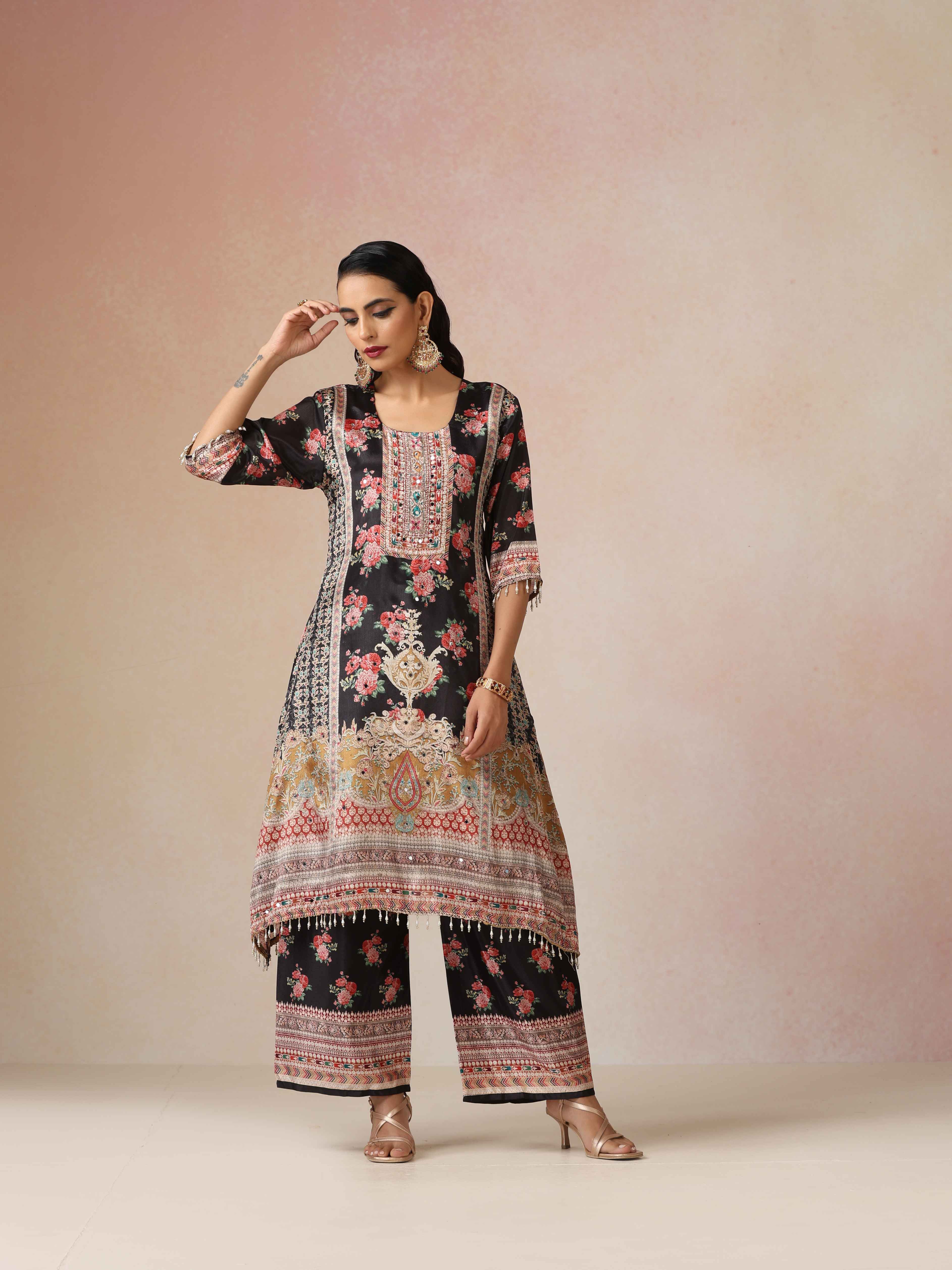 trueBrowns Black Print A-Line Kurta 3pc Set