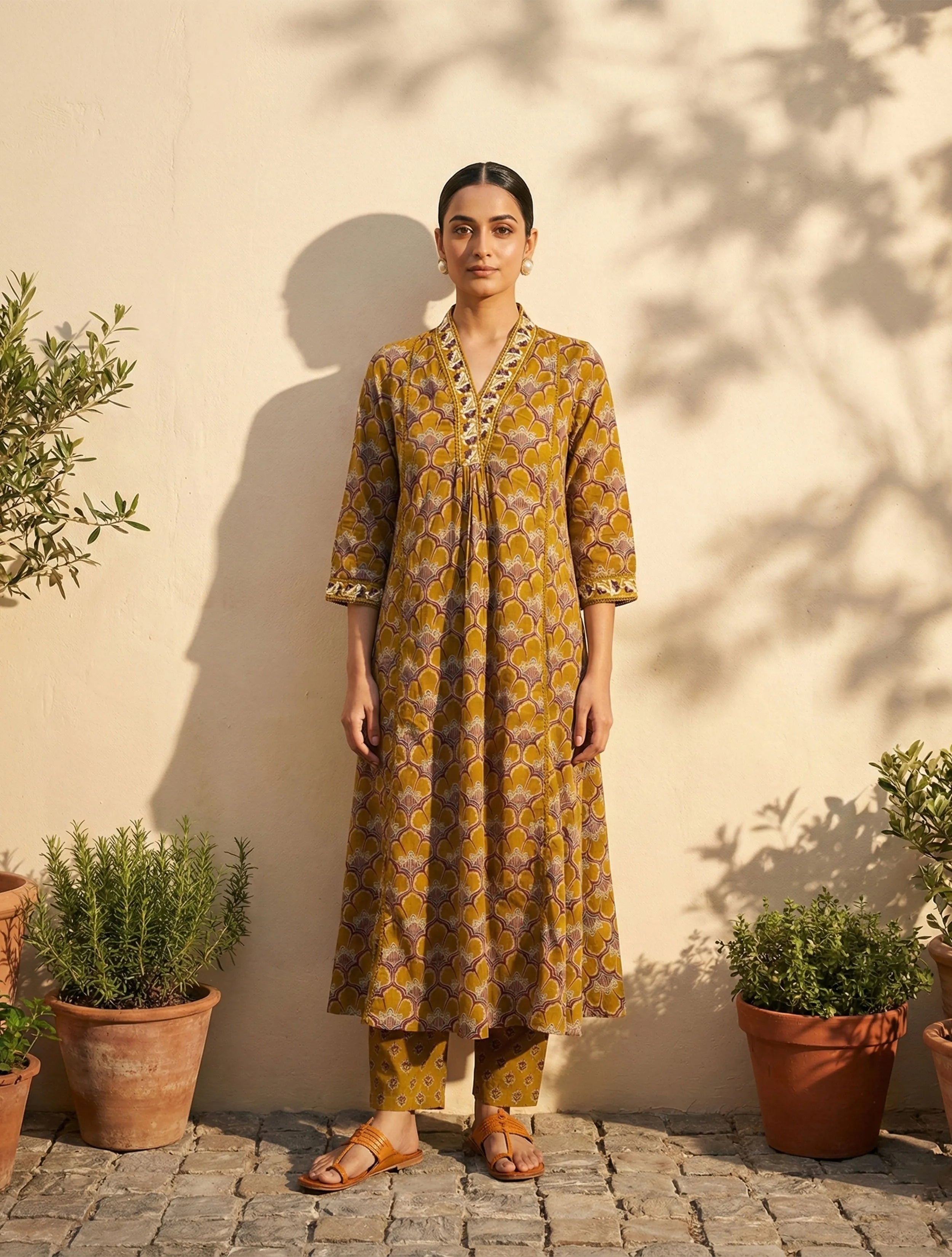 trueBrowns Mustard Floral Print V-Neck Anarkali Kurta Pant Dupatta Set