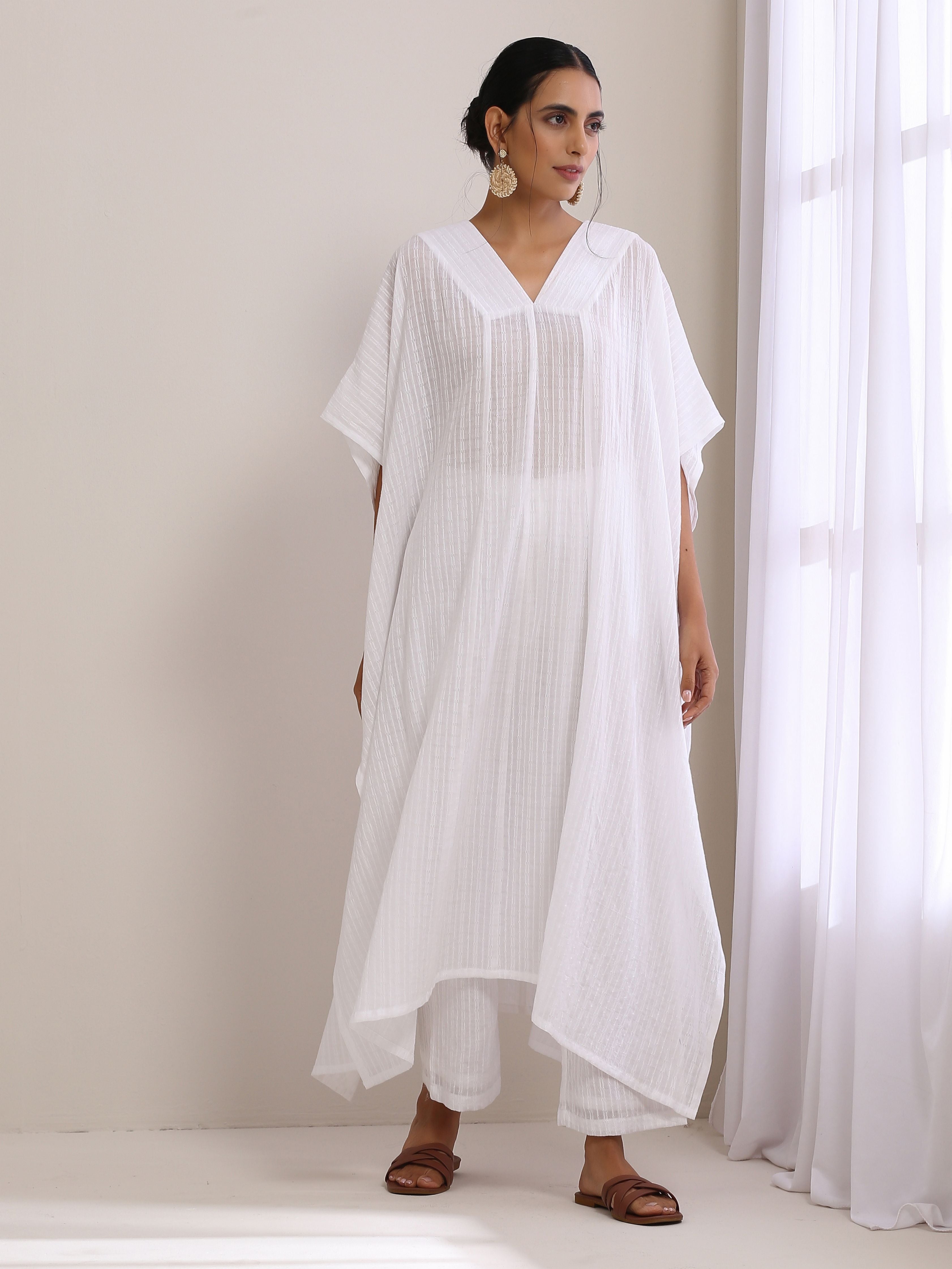 White Dobby Panel Kaftan Kurta Pant Set