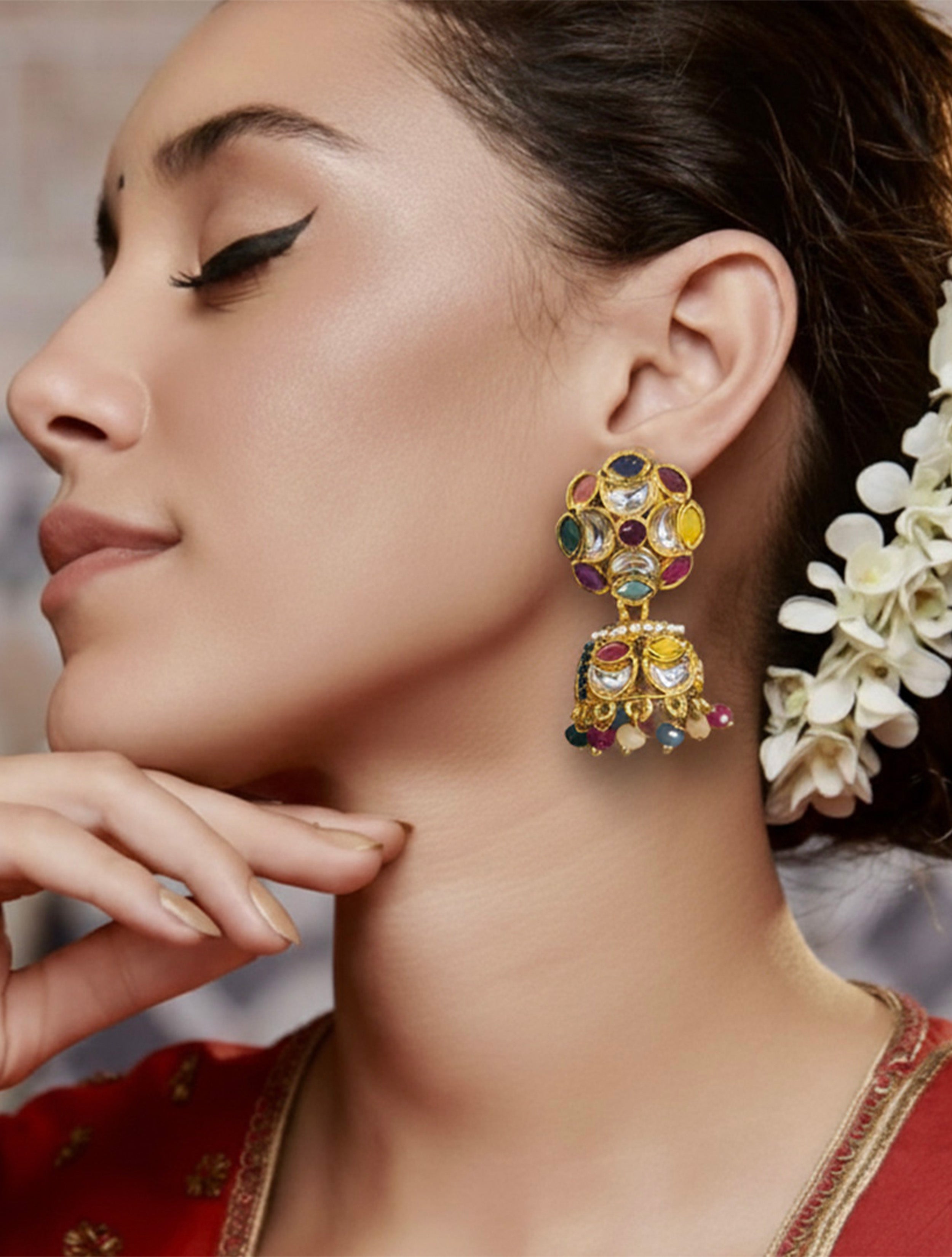 trueBrowns Red Green Stone Kundan Jhumkas