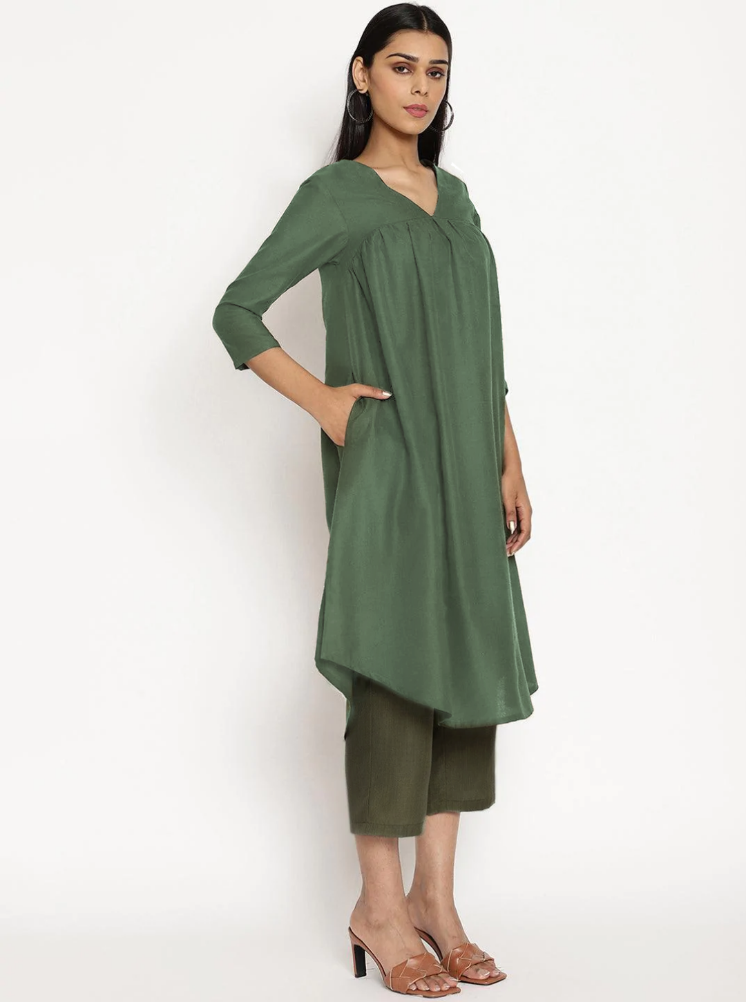 Cotton Linen Light Green Gathered Kurta Pant Set