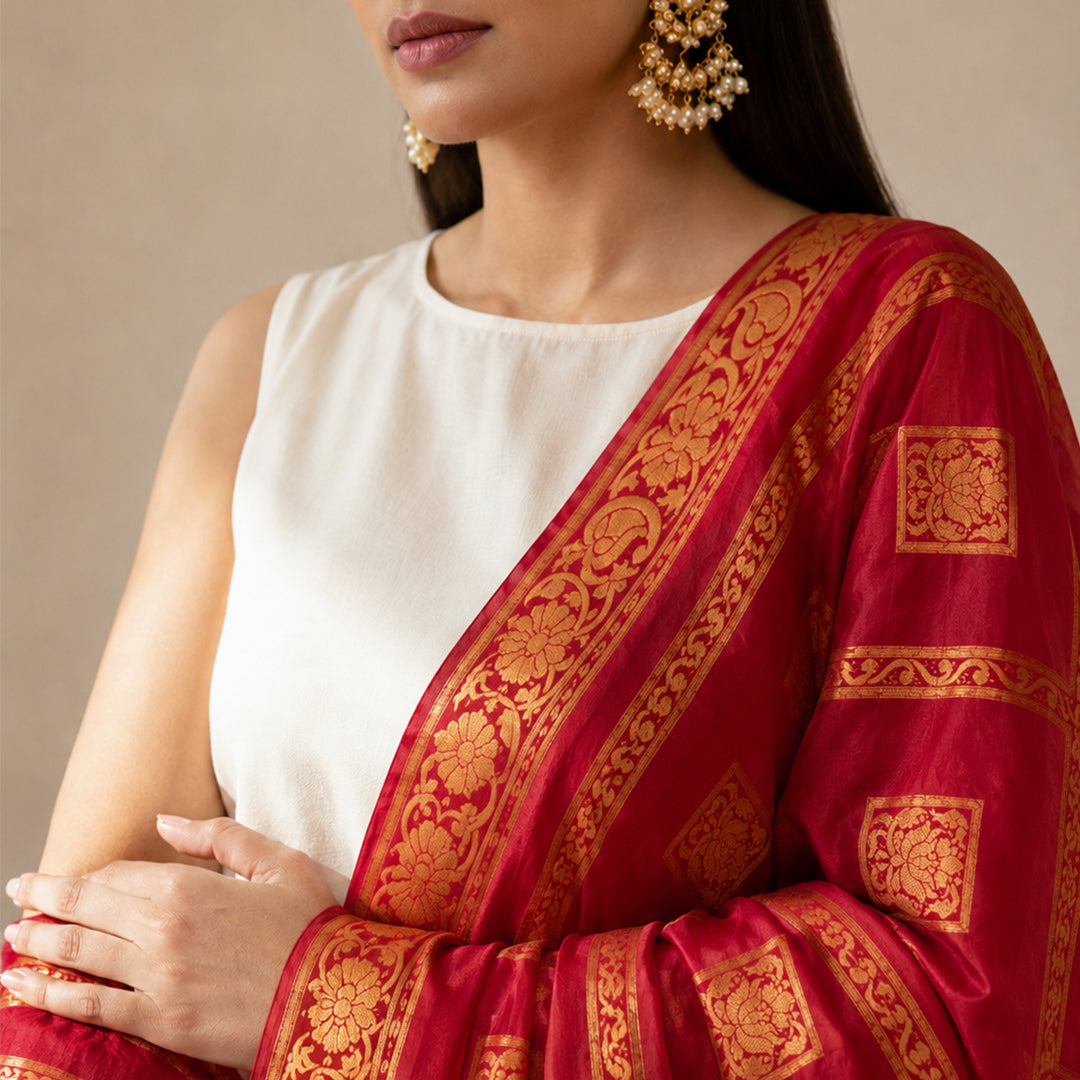 trueBrowns Red Gold Weave Banarasi Dupatta