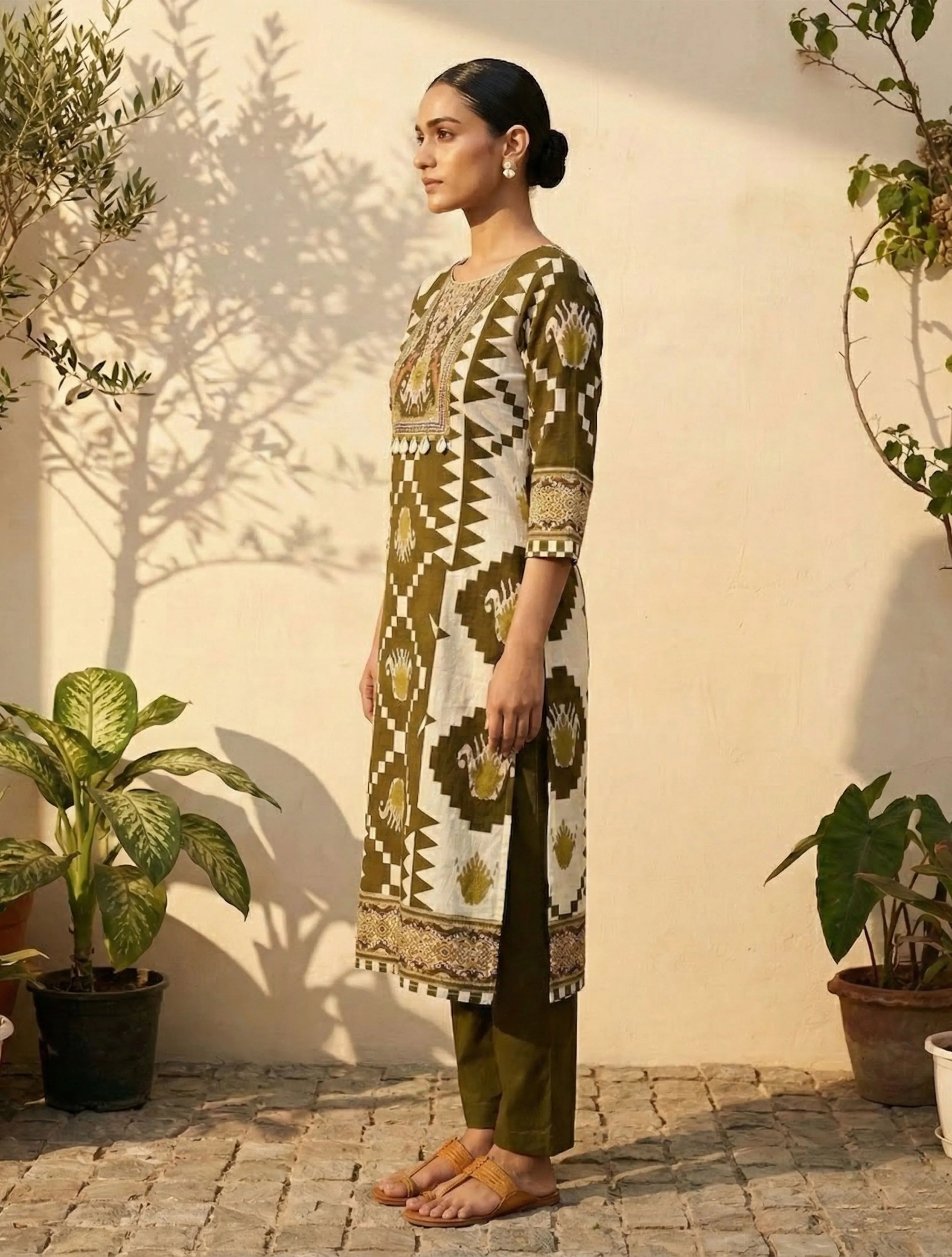 trueBrowns Olive Green Printed Kurta Pant Dupatta Set