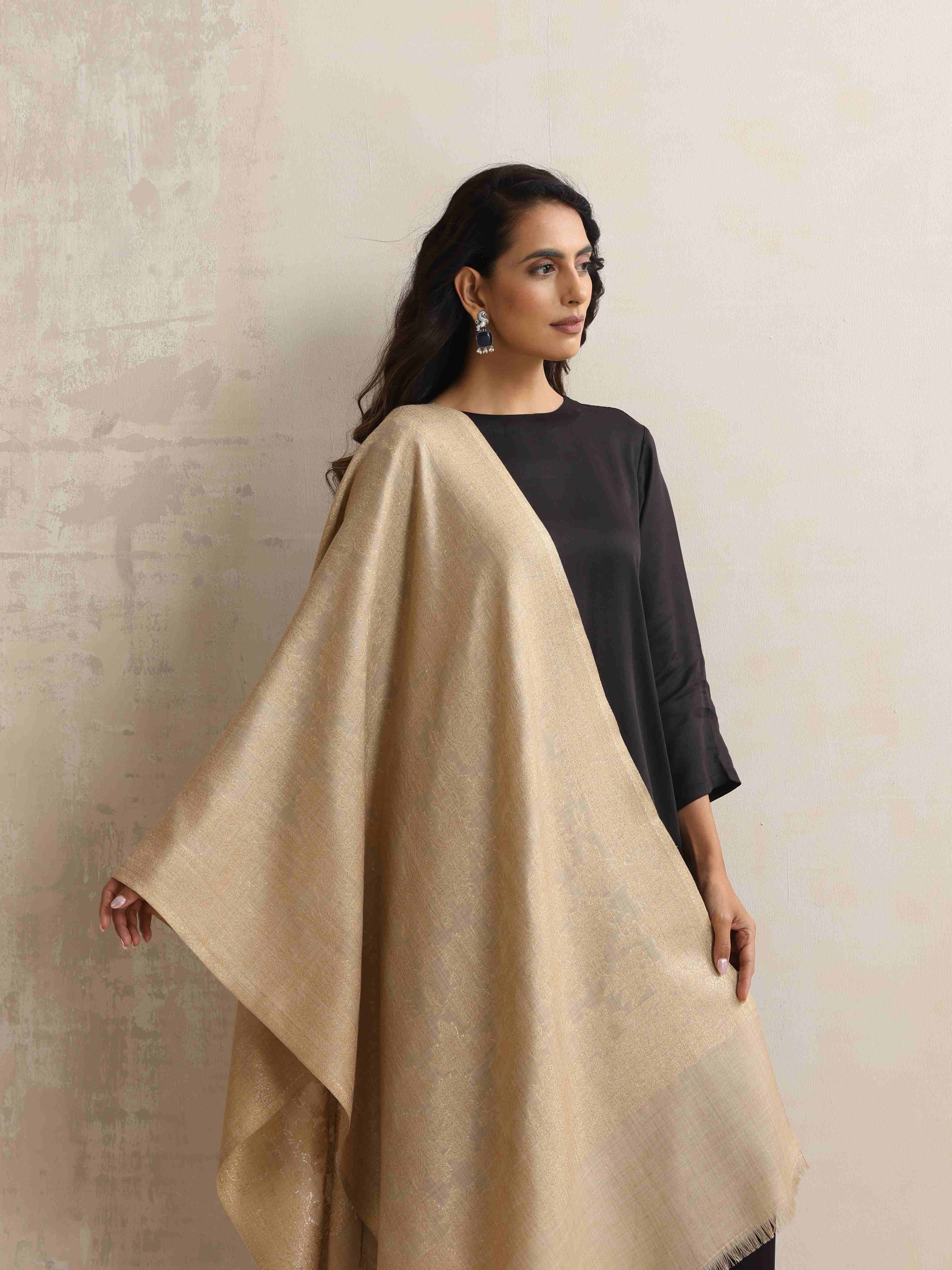 trueBrowns Beige Floral Jaal Woollen Stole