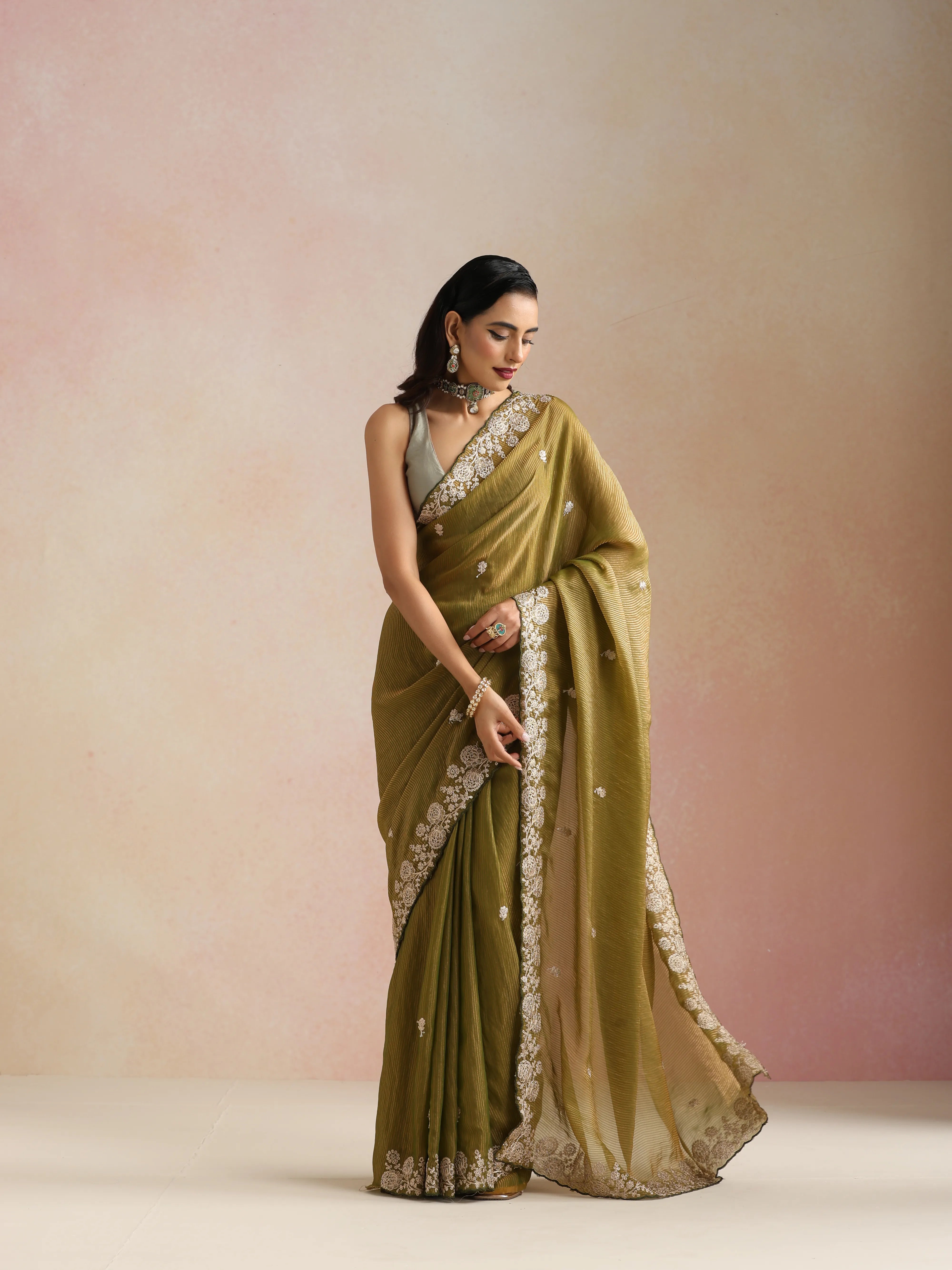 trueBrowns Lime Tissue Stripe Embroidery Weave Saree With Unstitched Blouse