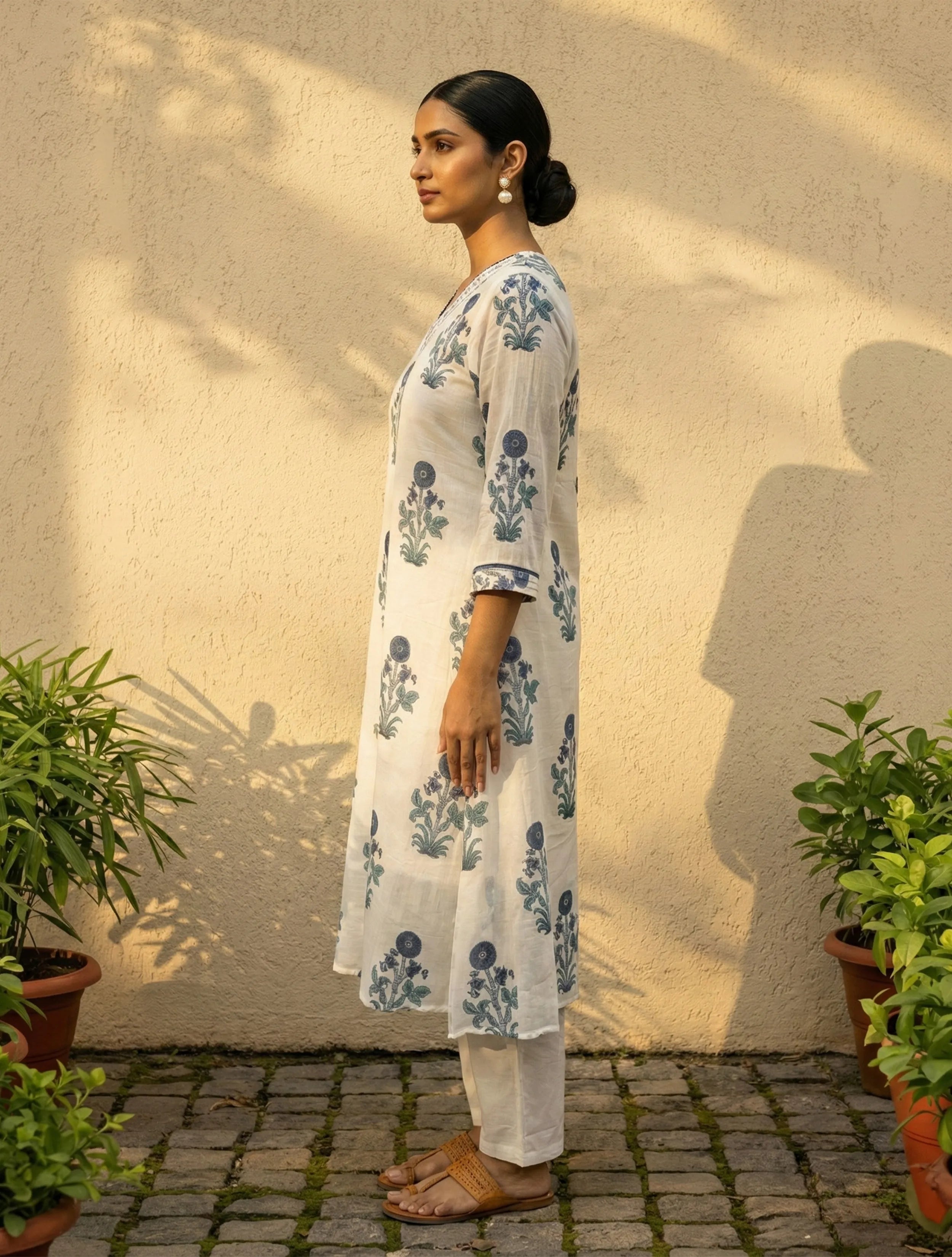 trueBrowns White Blue Print V-Neck Kurta Pant Dupatta Set