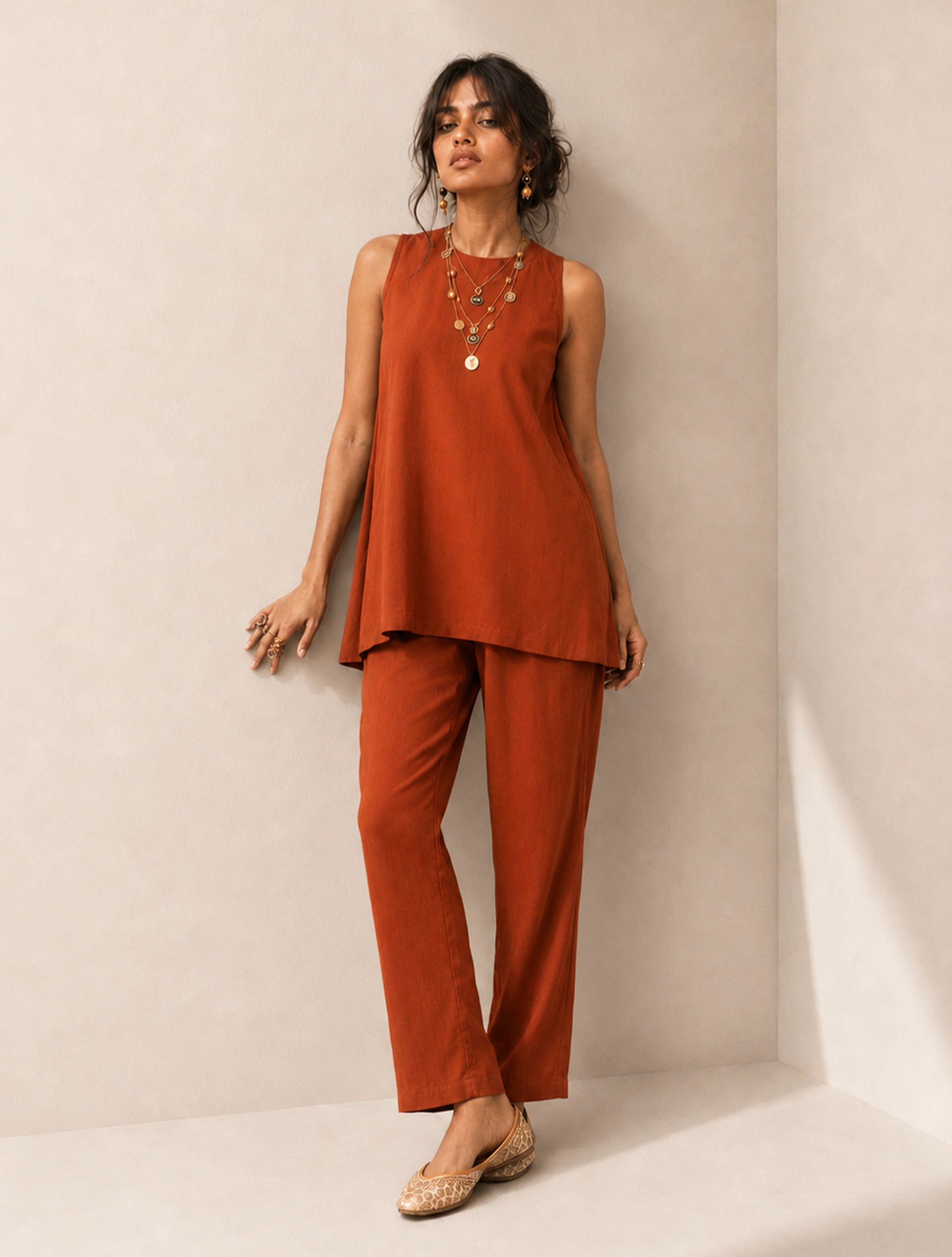 trueBrowns Rust Solid Viscose Sleeveless Co-Ord Set
