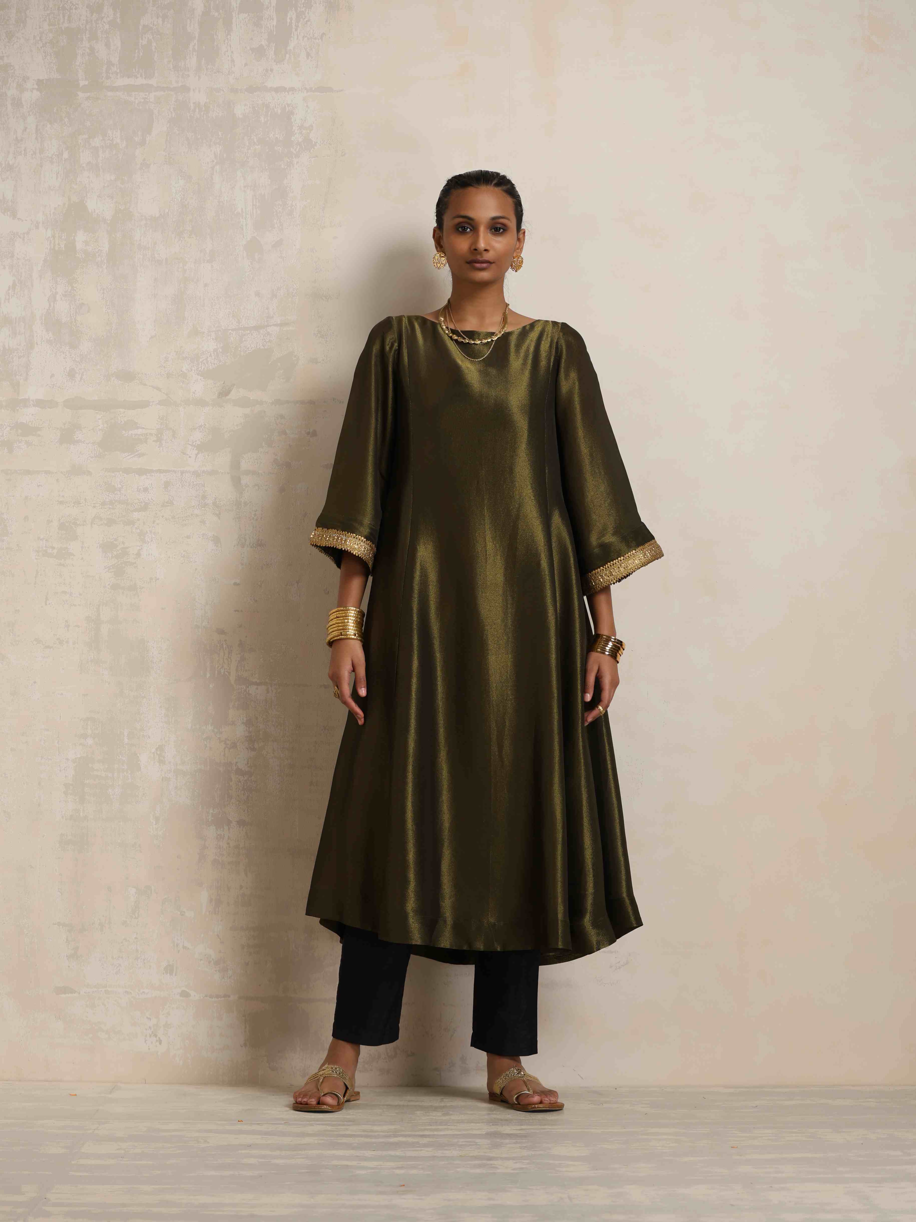 trueBrowns Olive Green Tissue Flared Anarkali Kurta Set