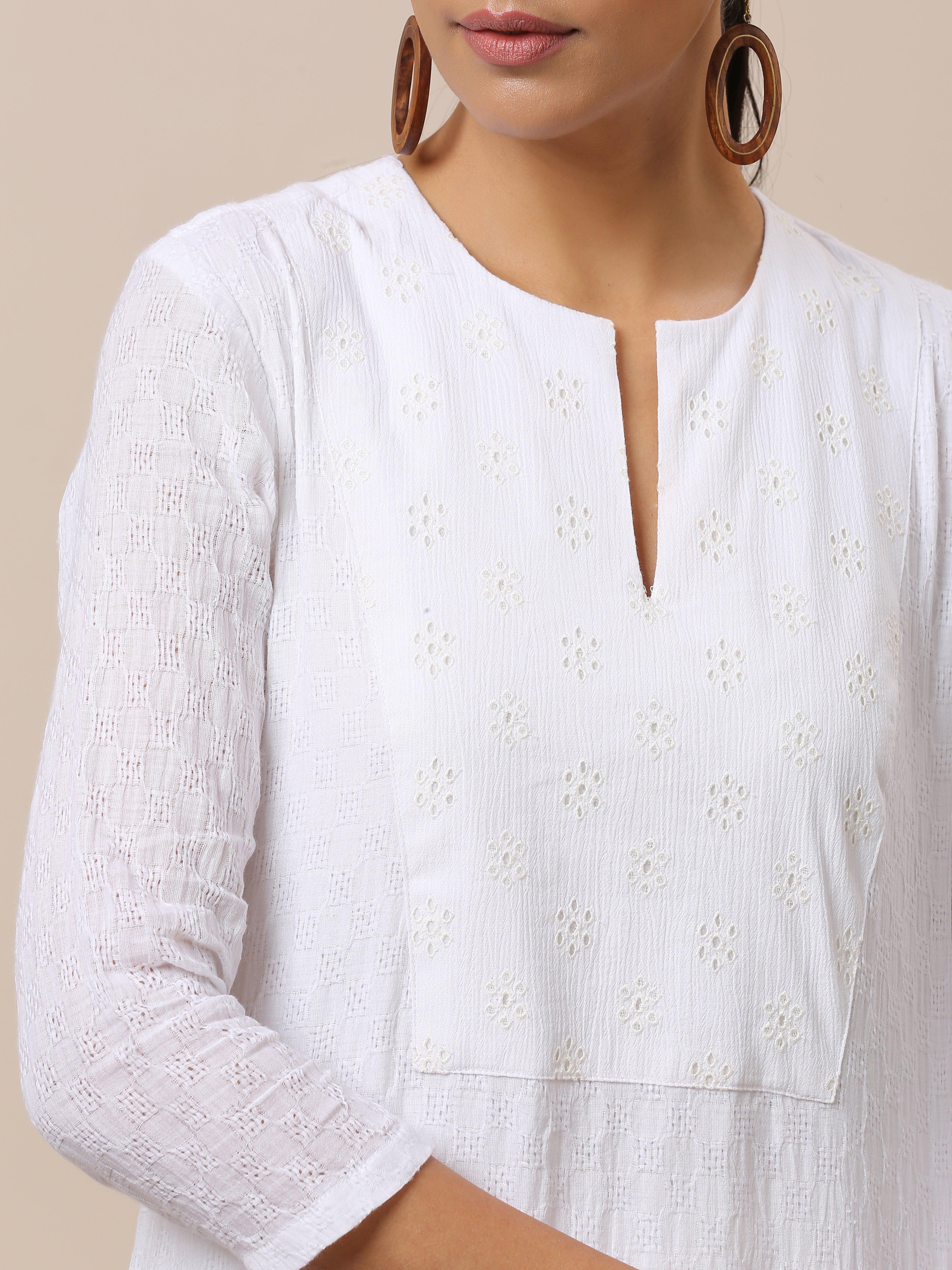 Cotton White Weave Yoke Kurta Pant Set - trueBrowns