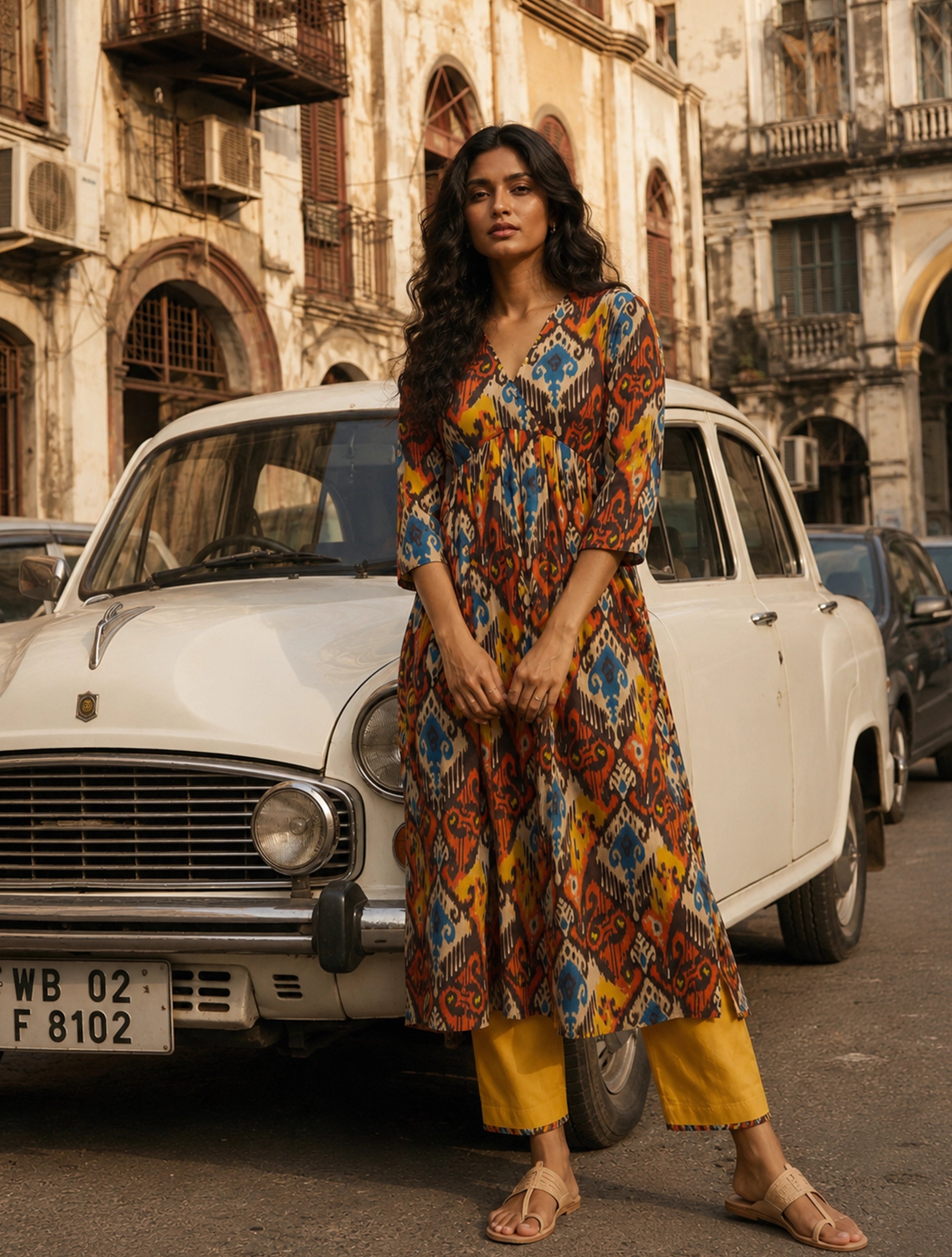 trueBrowns Multicolour Ikat Print Cotton Anarkali High-Slit Kurta Set