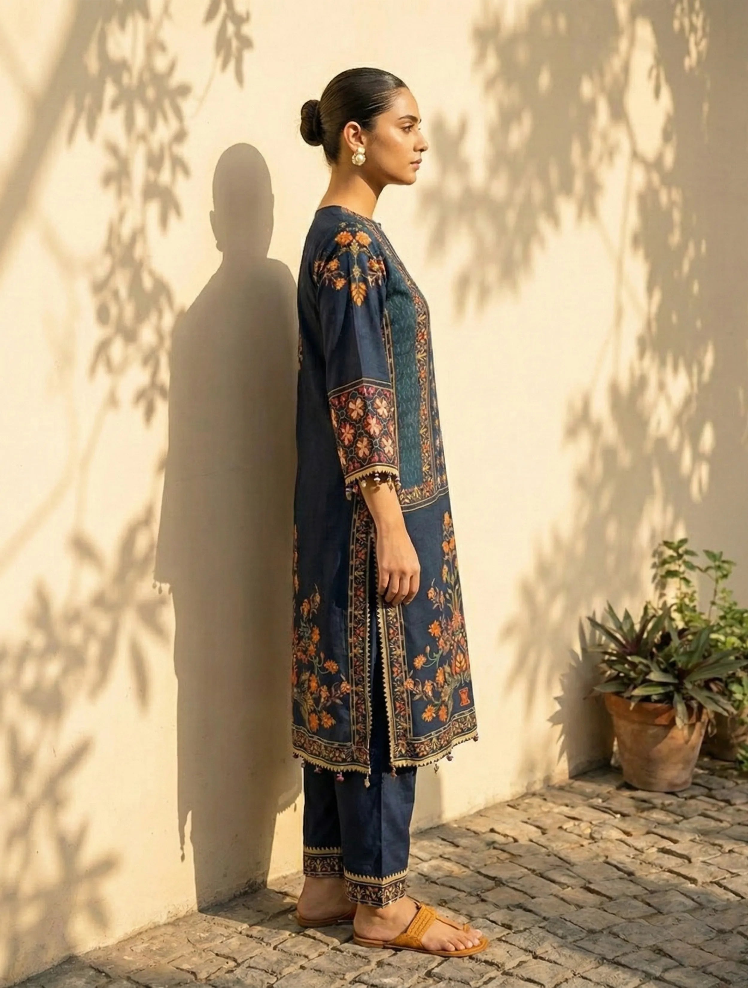 trueBrowns Blue Print Embroidered Straight Kurta Pant Dupatta Set