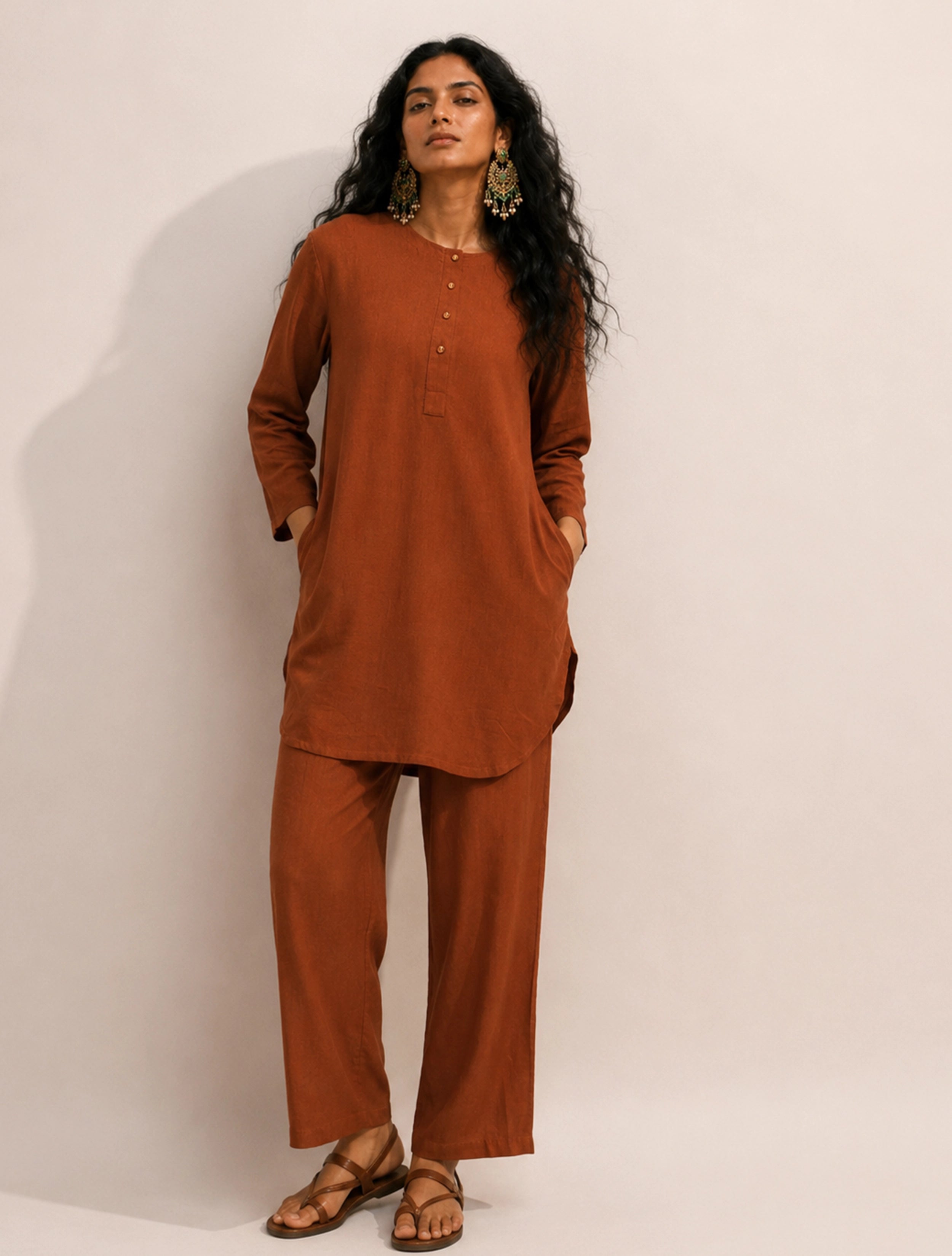 trueBrowns Rust Solid Viscose Round Neck Co-Ord Set